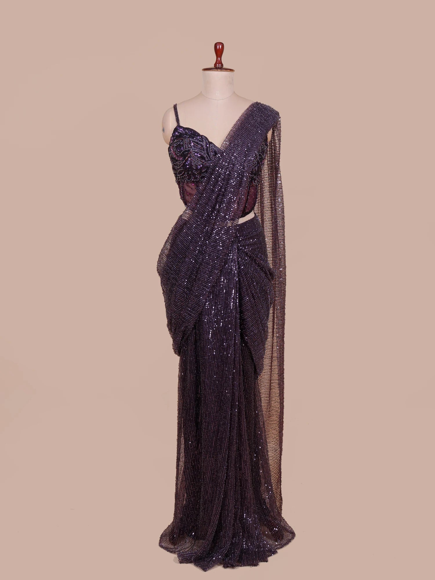 Premium Wine Radiant Pre-Draped Saree Featuring Sparkling Sequin Work