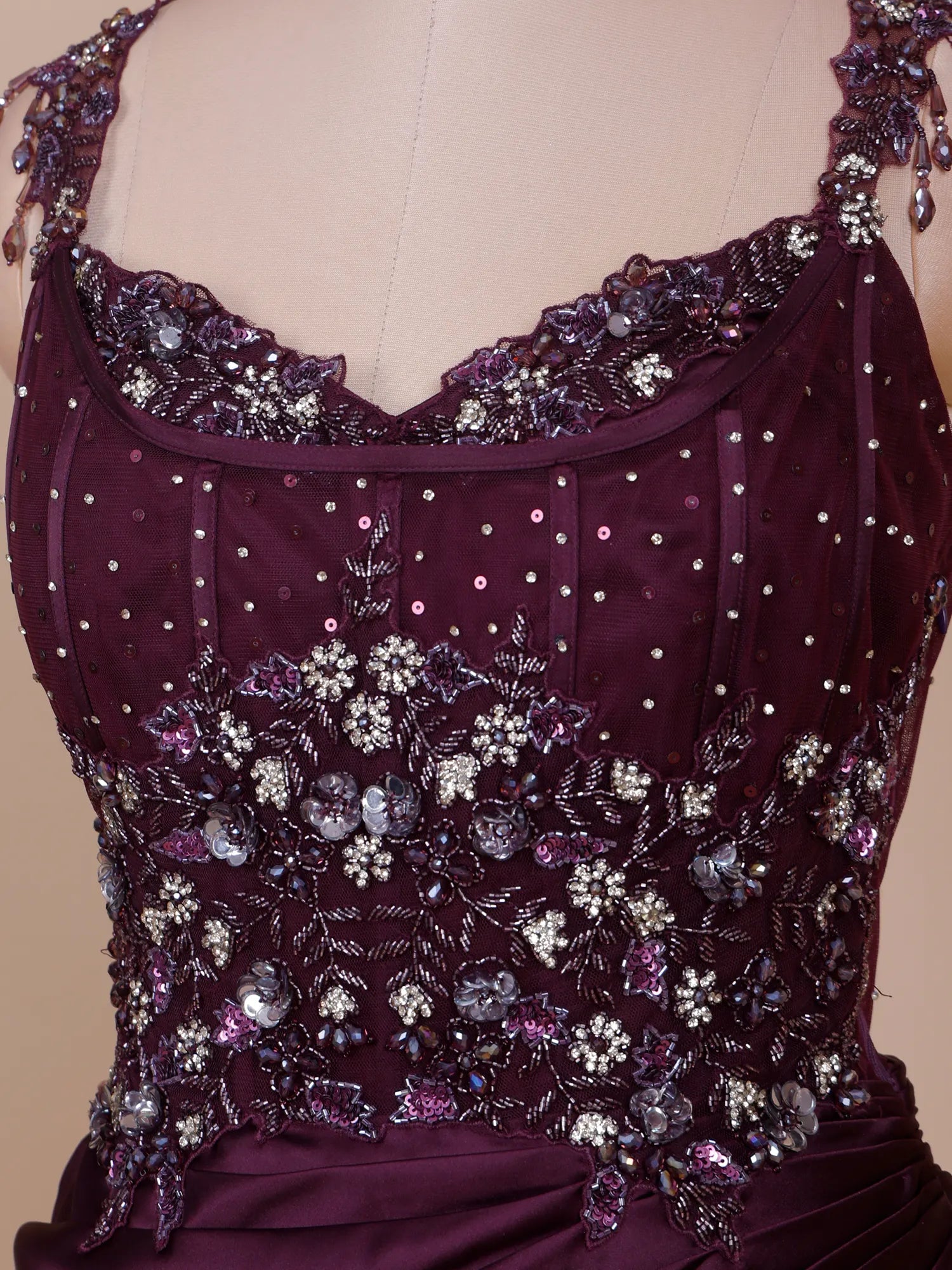 Buy Wine Satin Silk Indo Western Saree With Exquisite Sequin Crystal Detailing