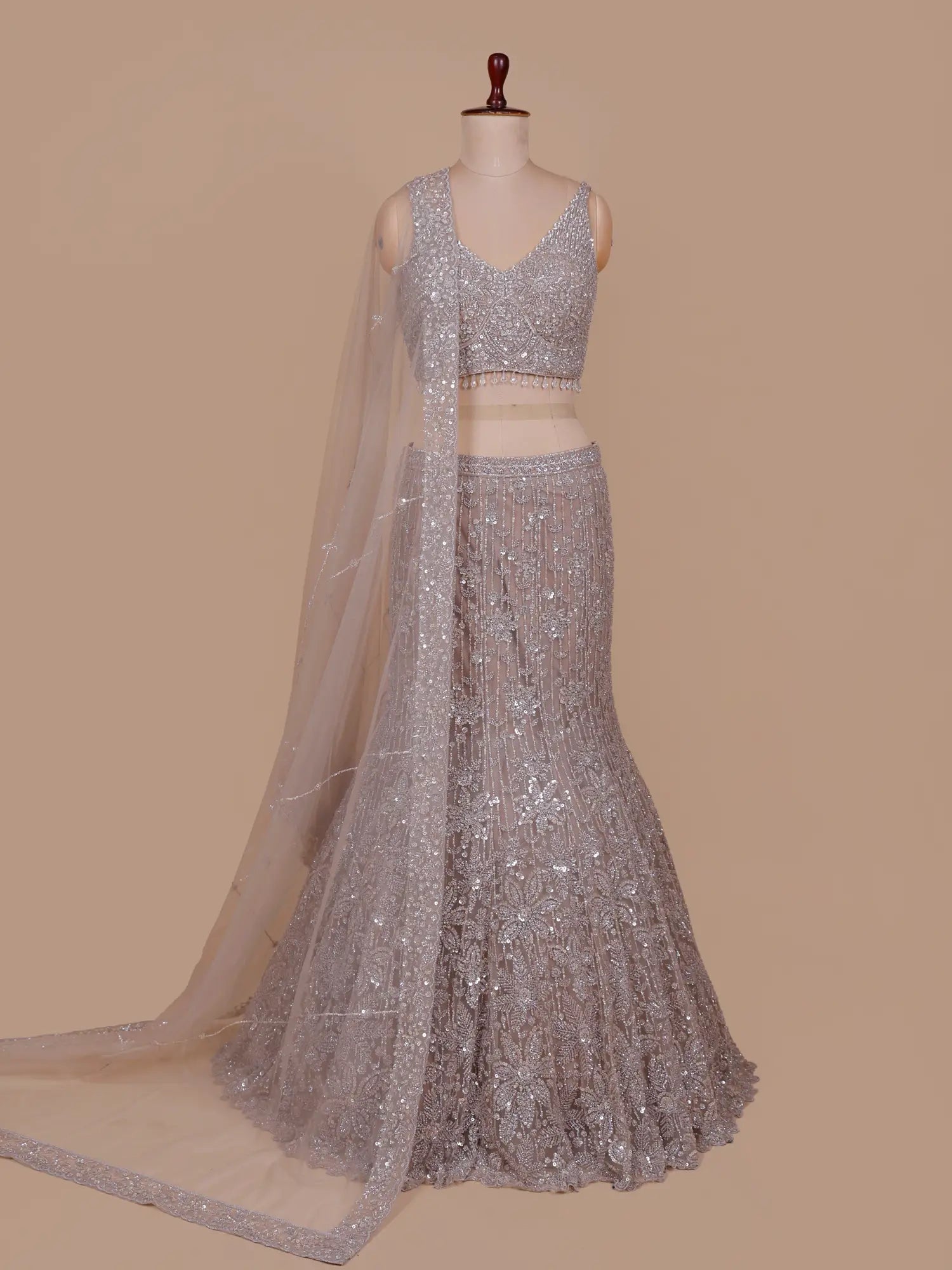 Luxury Champagne Mermaid Lehenga Featuring Elegant Handwork