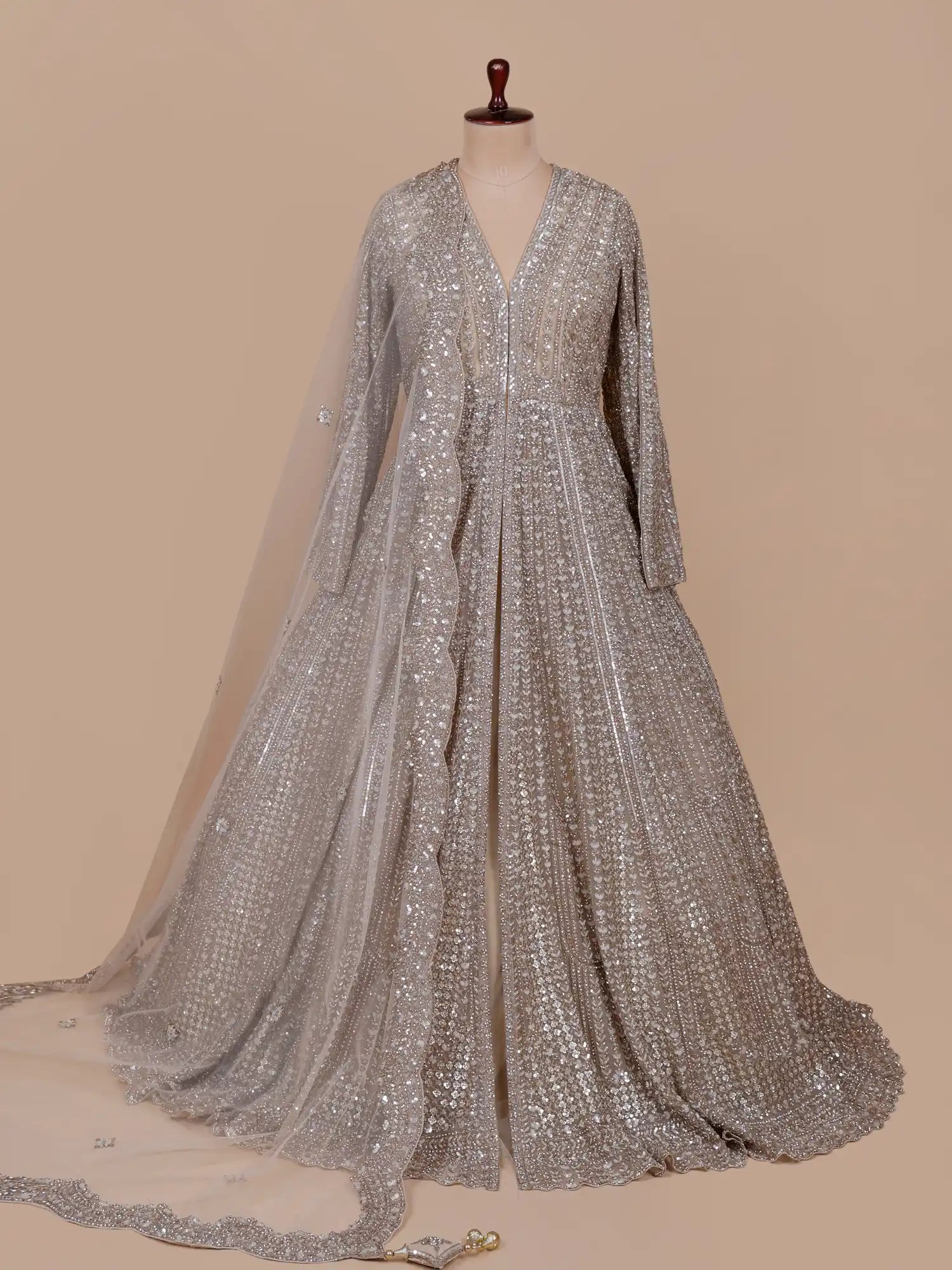 Champagne Designer Indo Western Lehenga With Sparkling Diamond Work