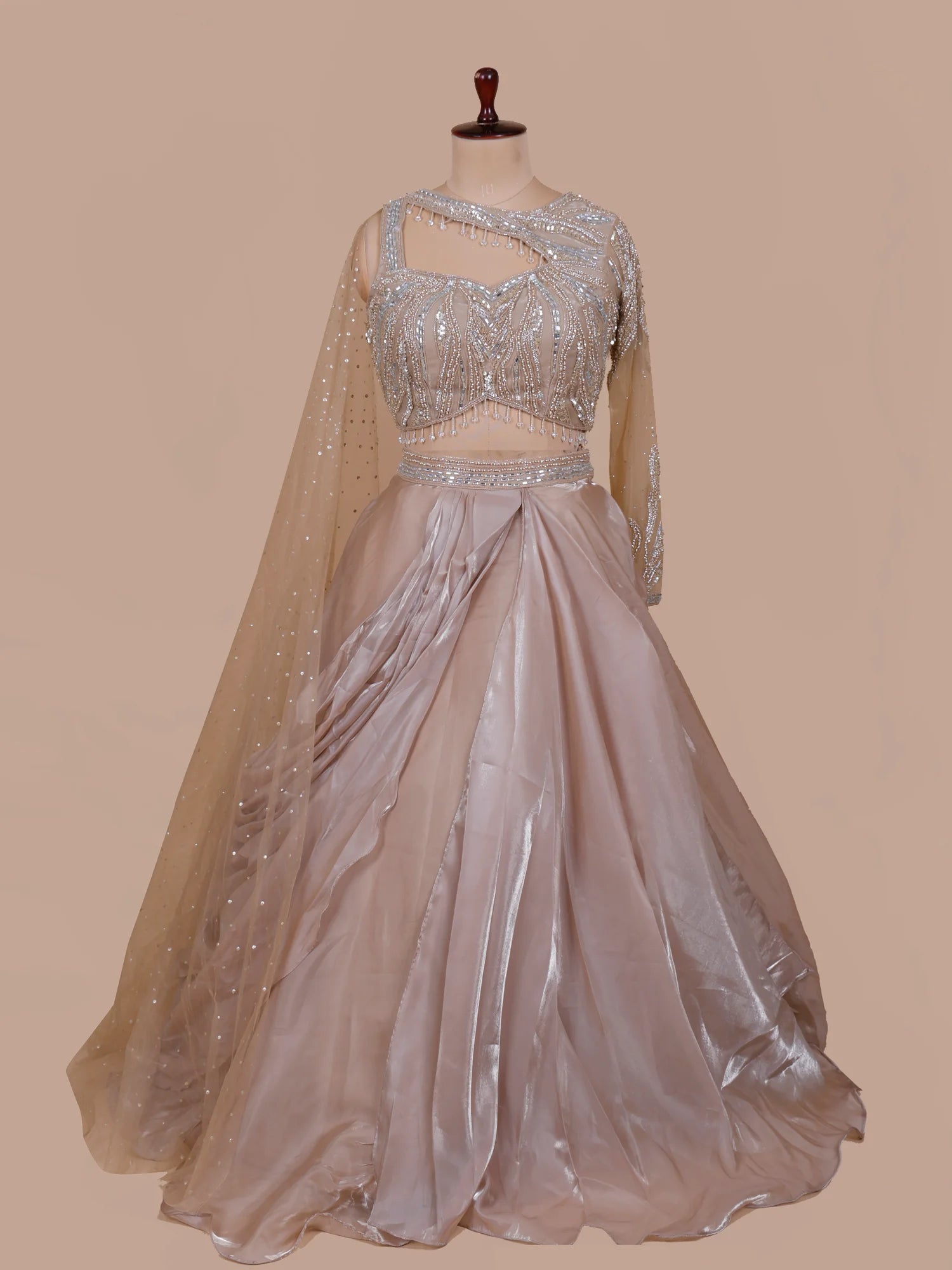 Grand Champagne Designer Drape Lehenga Online With Sparkling Details