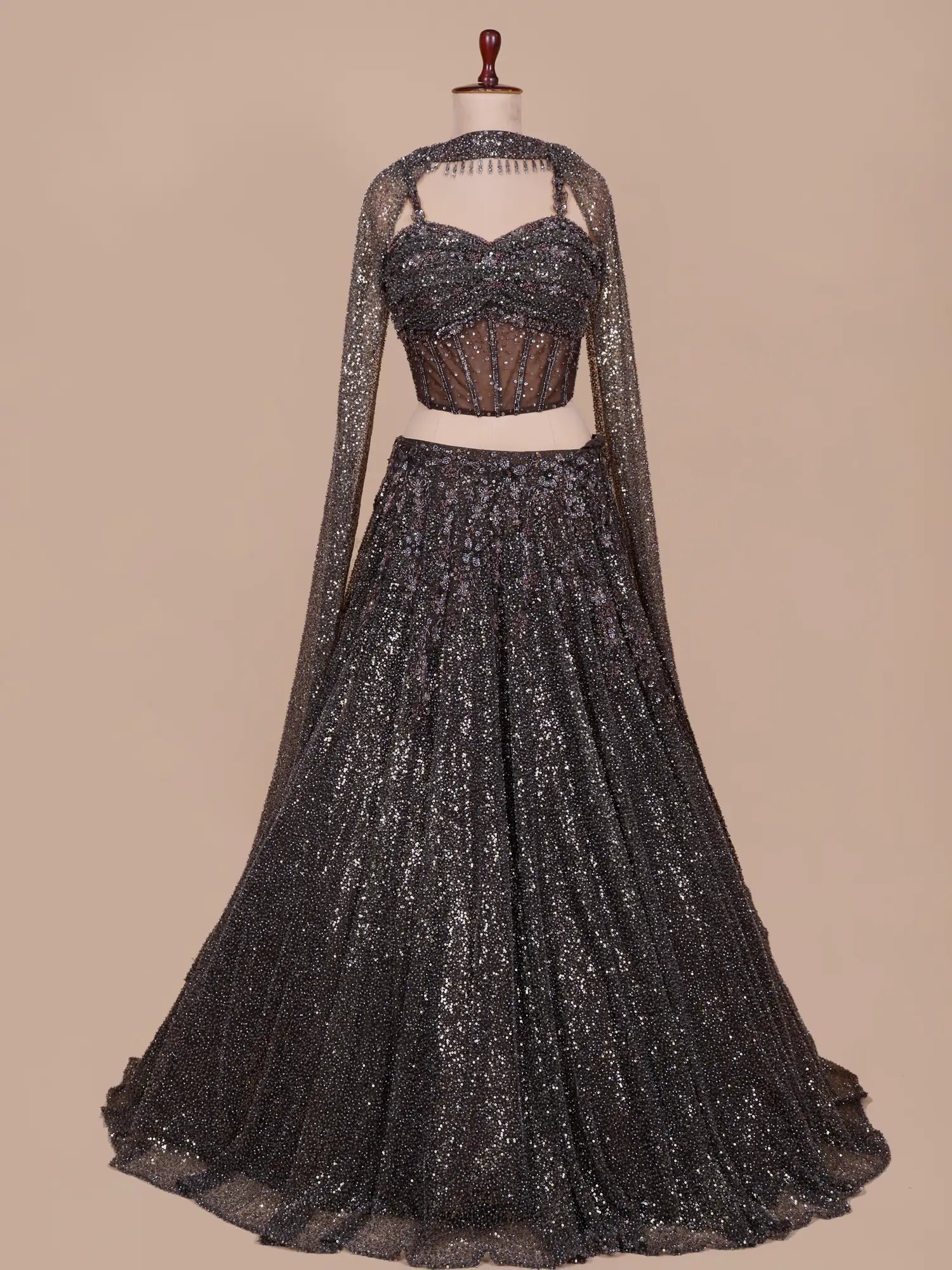 Shop Charcoal Couture Lehenga Online Featuring Elegant Work
