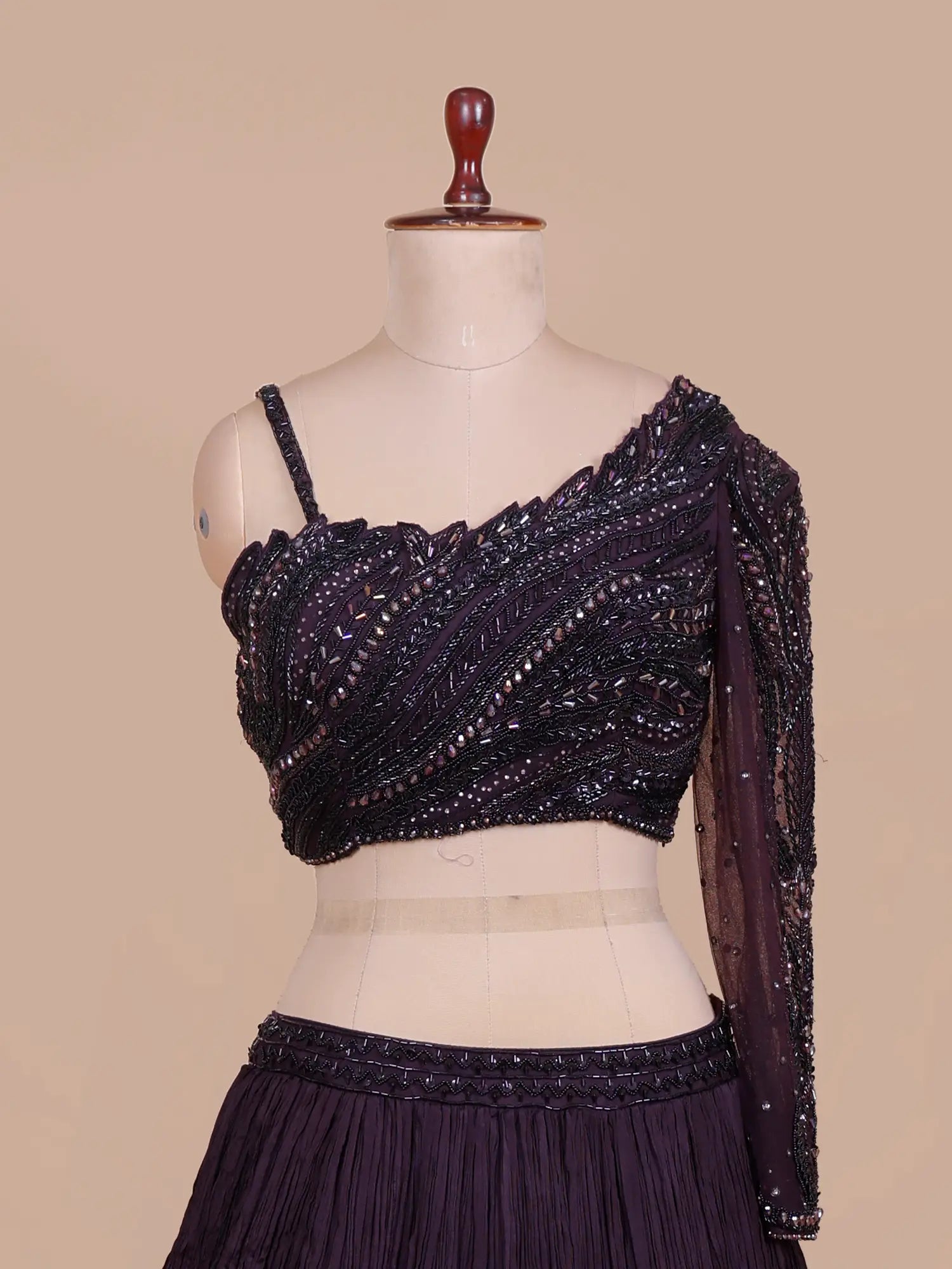 Wine Chinon One-Sleeve Designer Lehenga With Moti Sequin Detailing