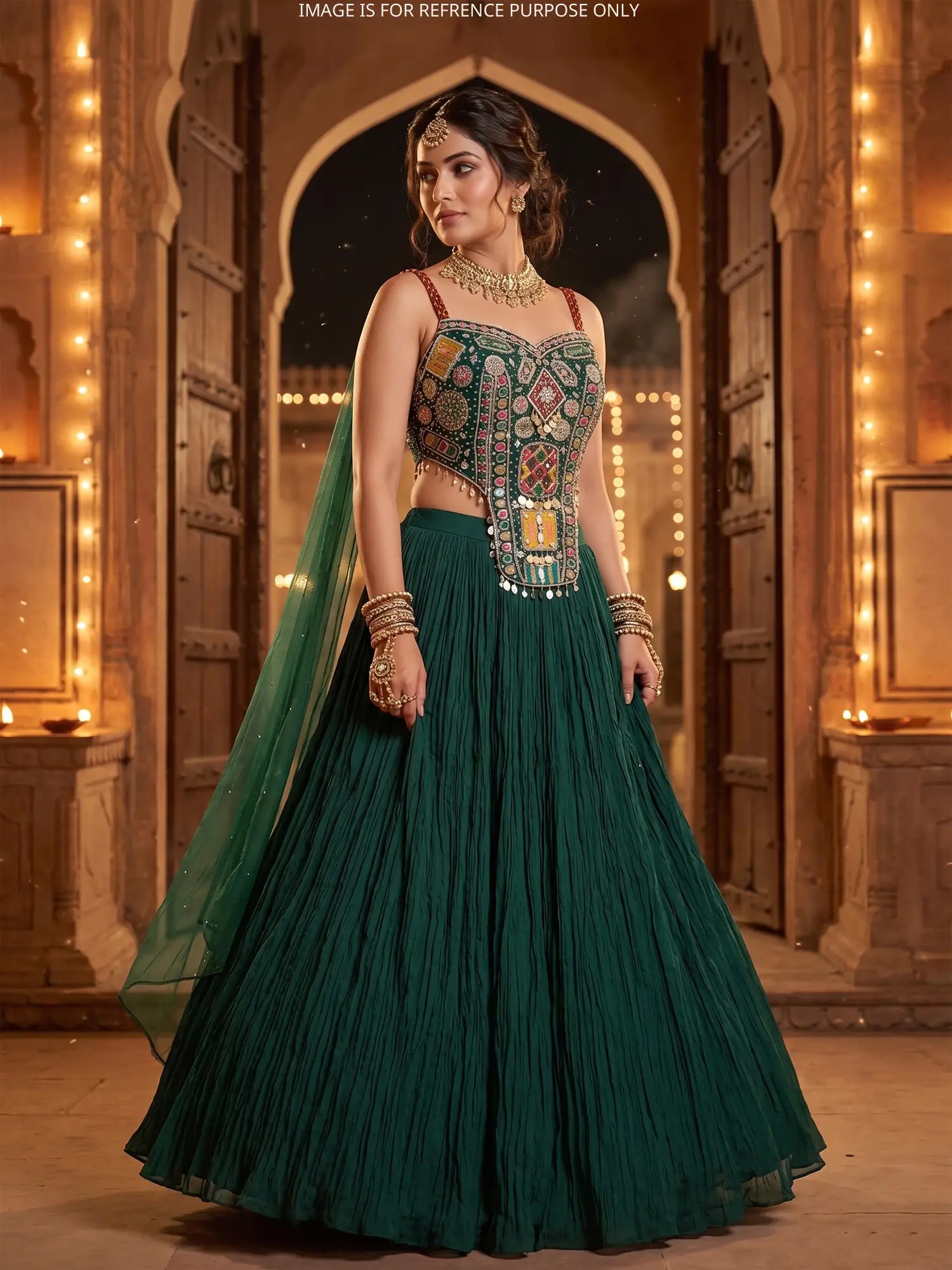 Premium Dark Green Chinon Lehenga Choli With Pearl Design