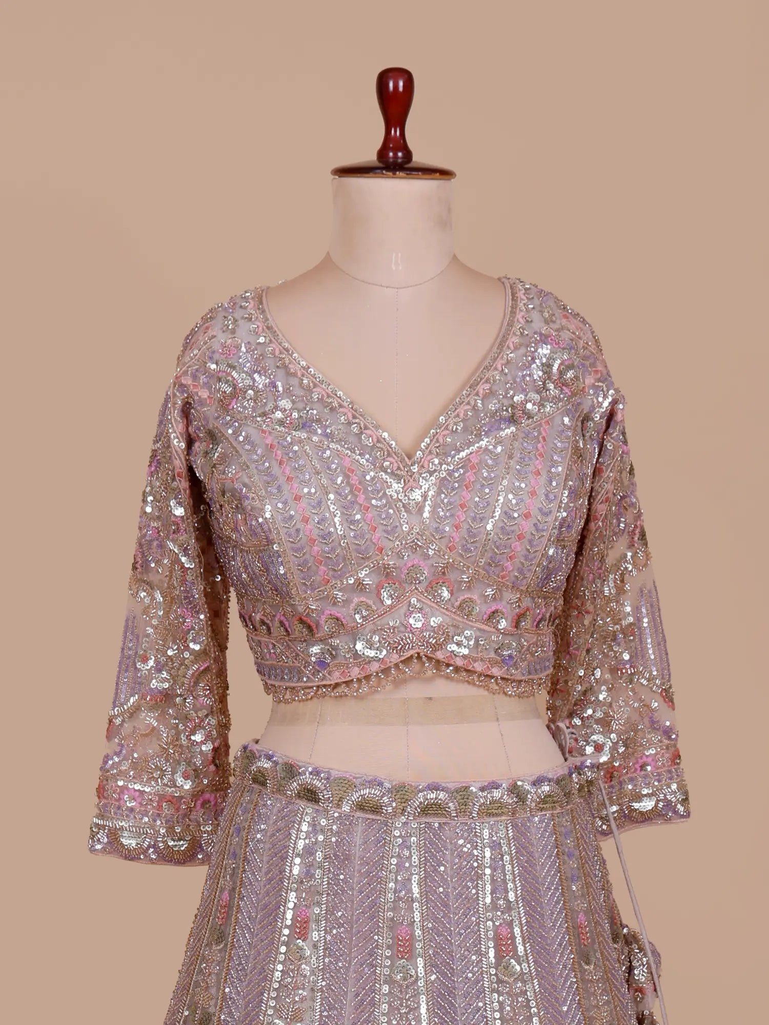 Get Dusty Orchid Net Lehenga Choli Online Showcasing Resham Moti Cut Dana Craft