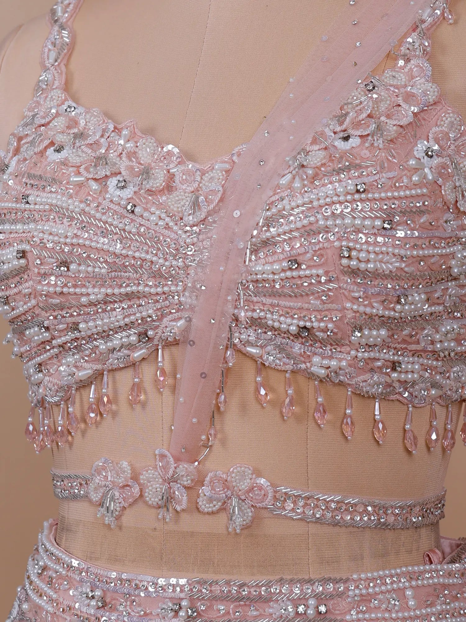 Luxury Dusty Rose Georgette Crystal Pearl Lehenga