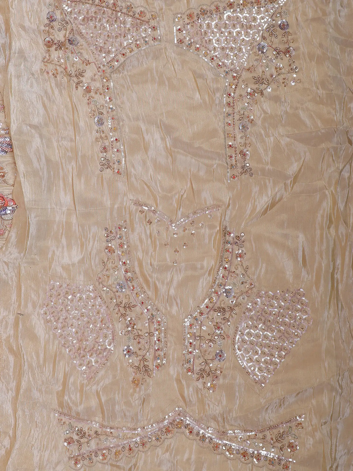 Champagne Gold Shimmer Organza Lehenga Featuring Colorful Bird Motifs
