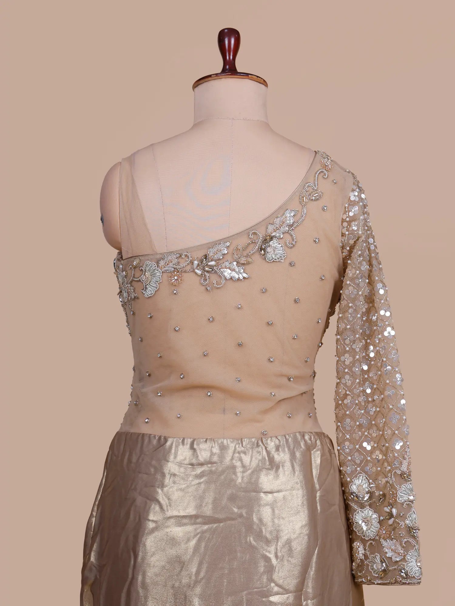 Golden Imported Pre-Draped Saree With Unique One-Sleeve Designer Blouse