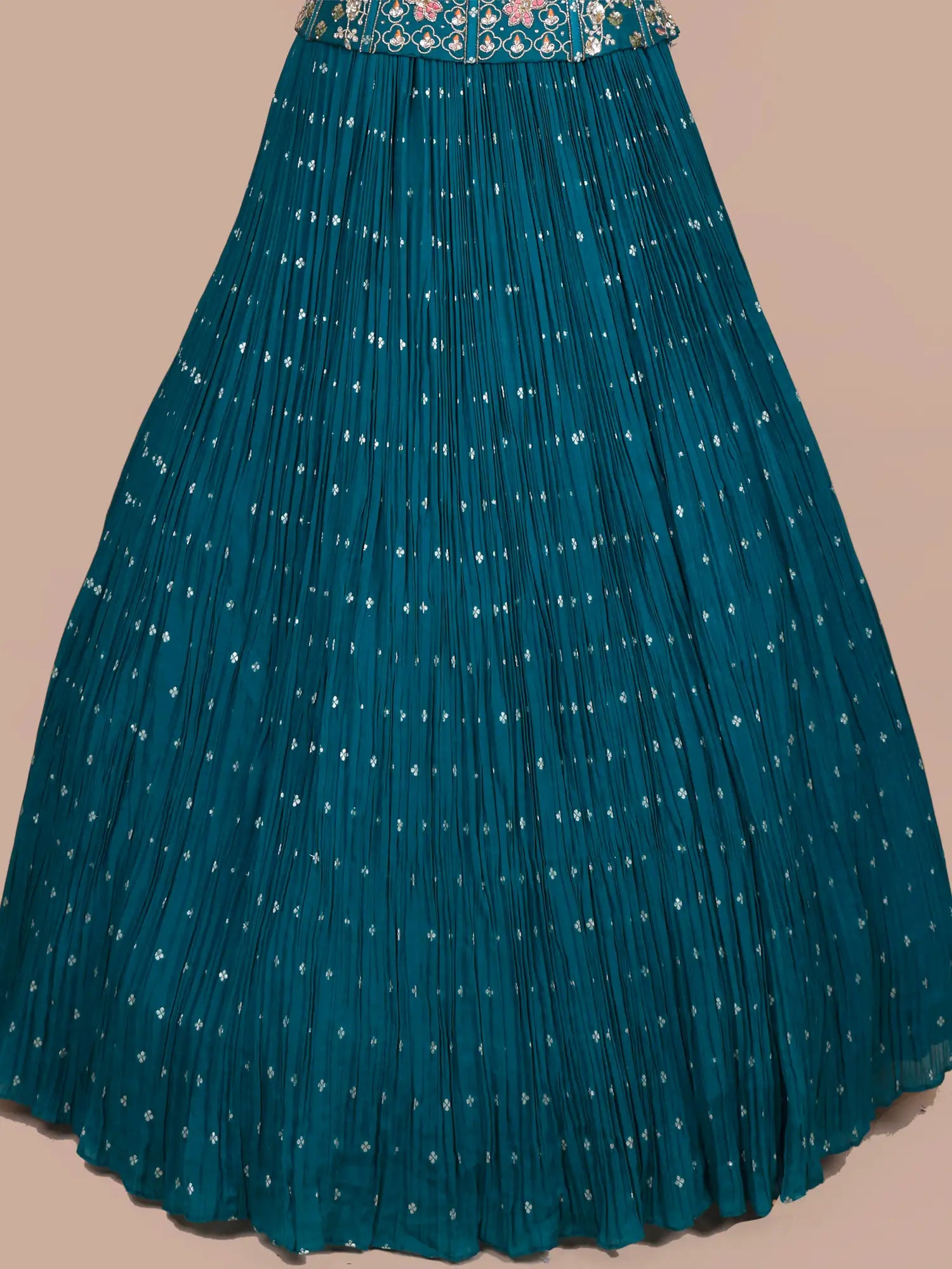 Peacock Green Georgette Peplum Lehenga Ensemble With Multi-Thread Mirror Craft