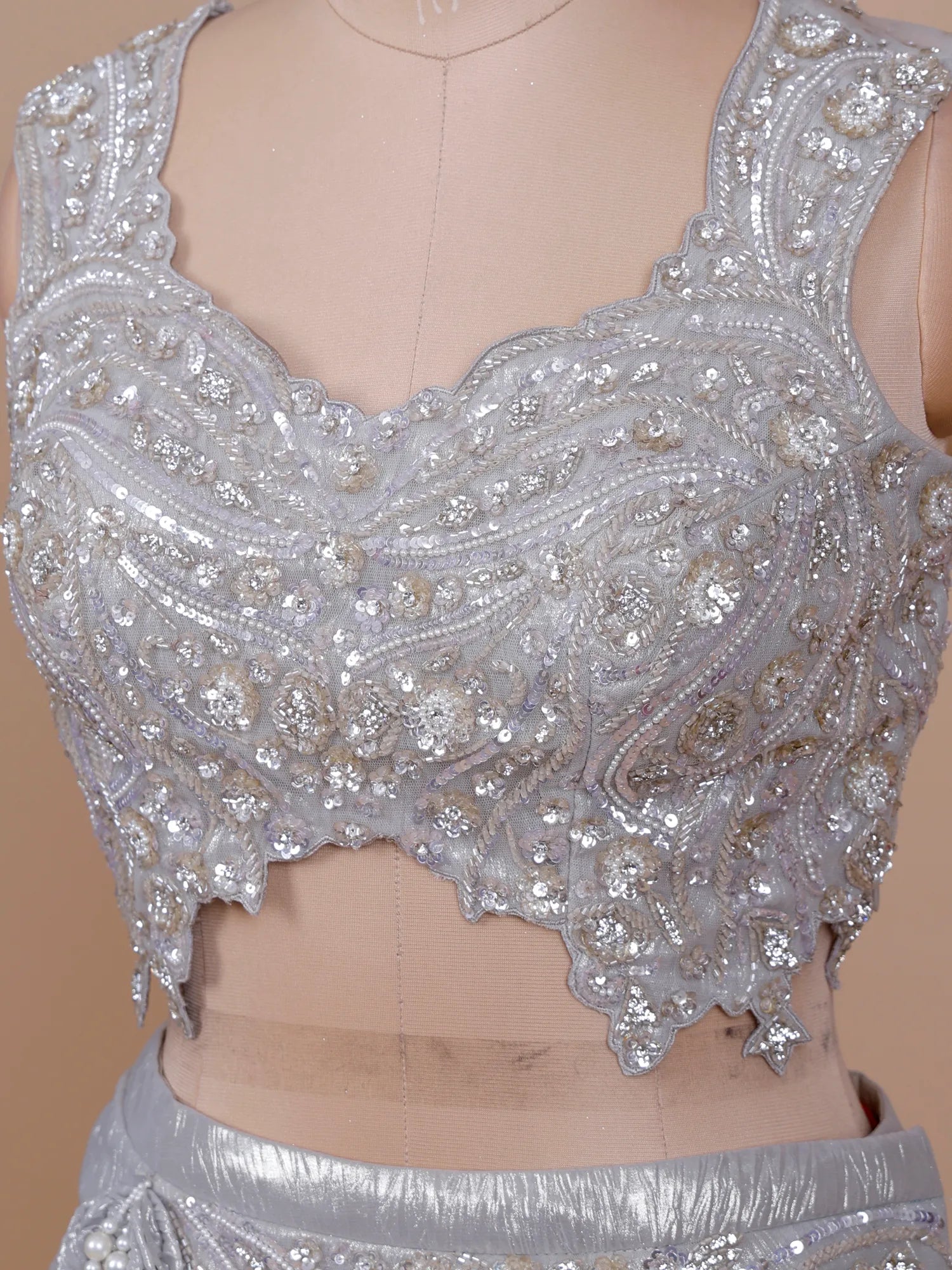Buy Eye-Catching Grey Designer Lehenga With Rich Pearl Embellishments