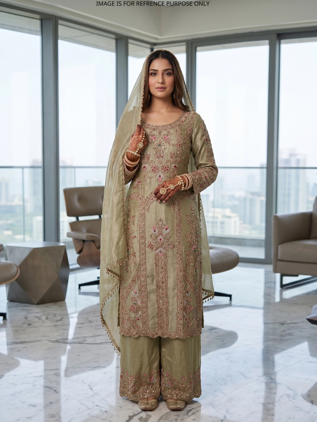 Premium Light Pista Green Silk Suit with Multi Thread Floral and Stone Work