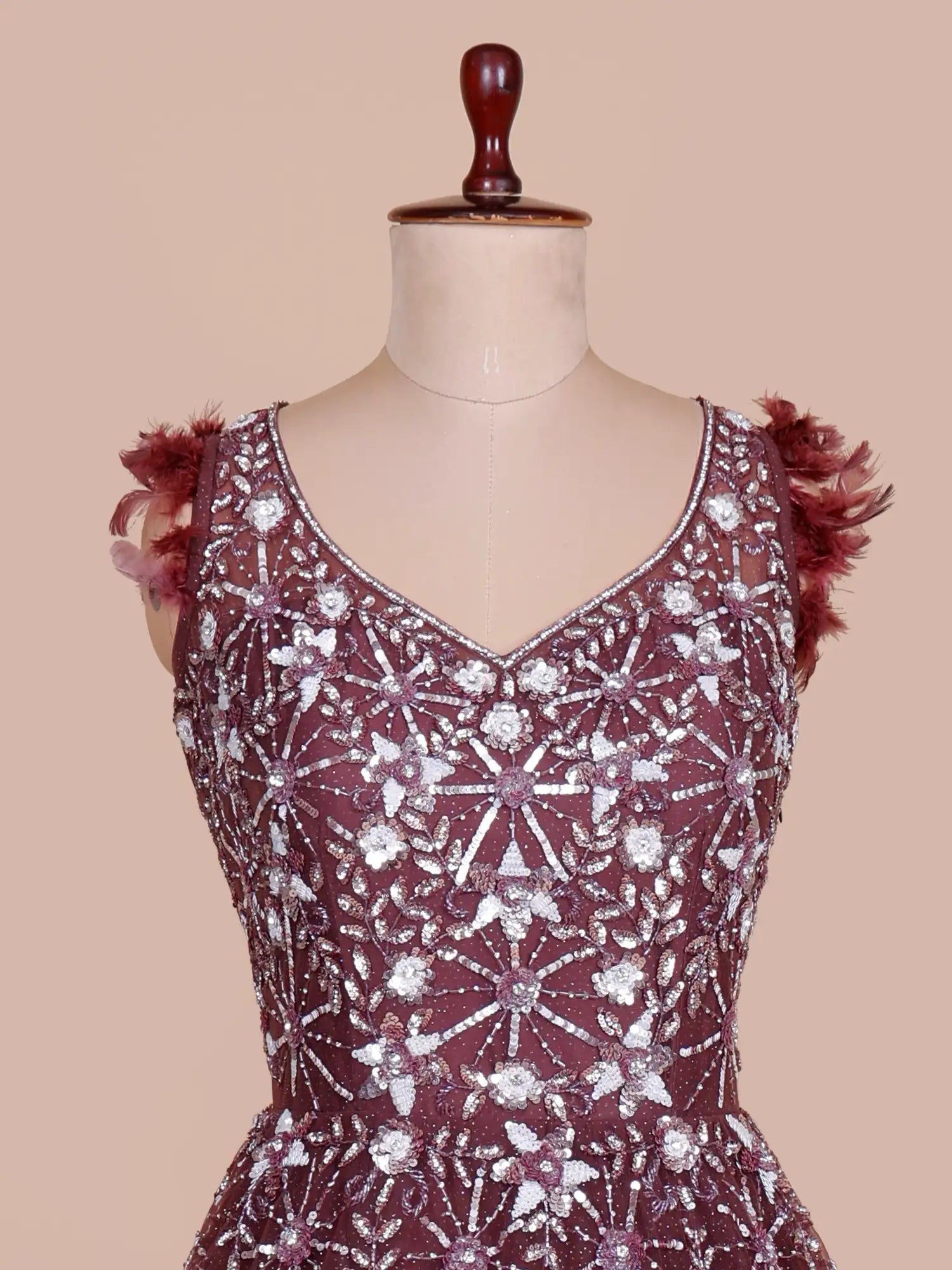 Luxury Maroon Long Couture Gown Accented By Feather And Diamond Work