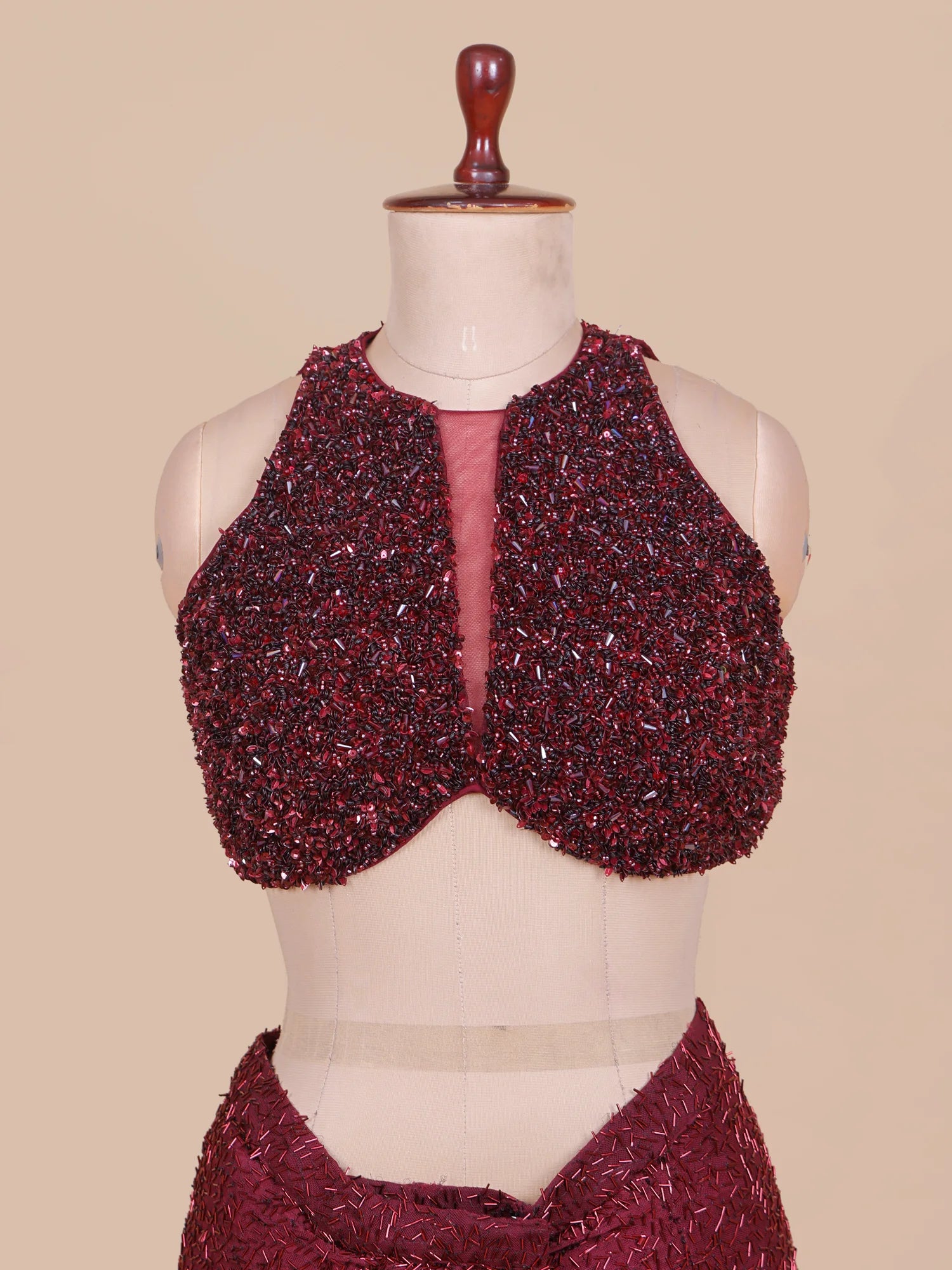 Maroon Designer Pre-Drape Saree Defined By Cut Dana Moti Work