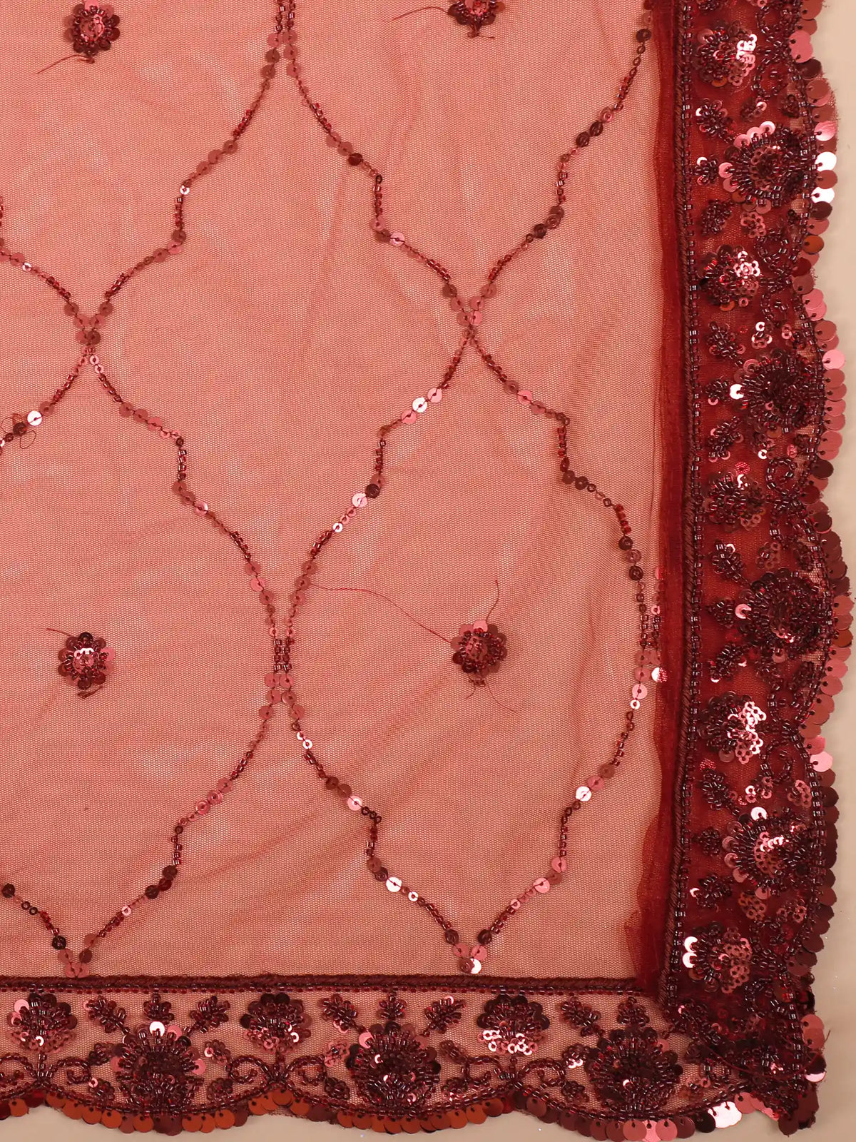 Maroon Silk Net Lehenga Featuring Heavy Sequin Panel Work