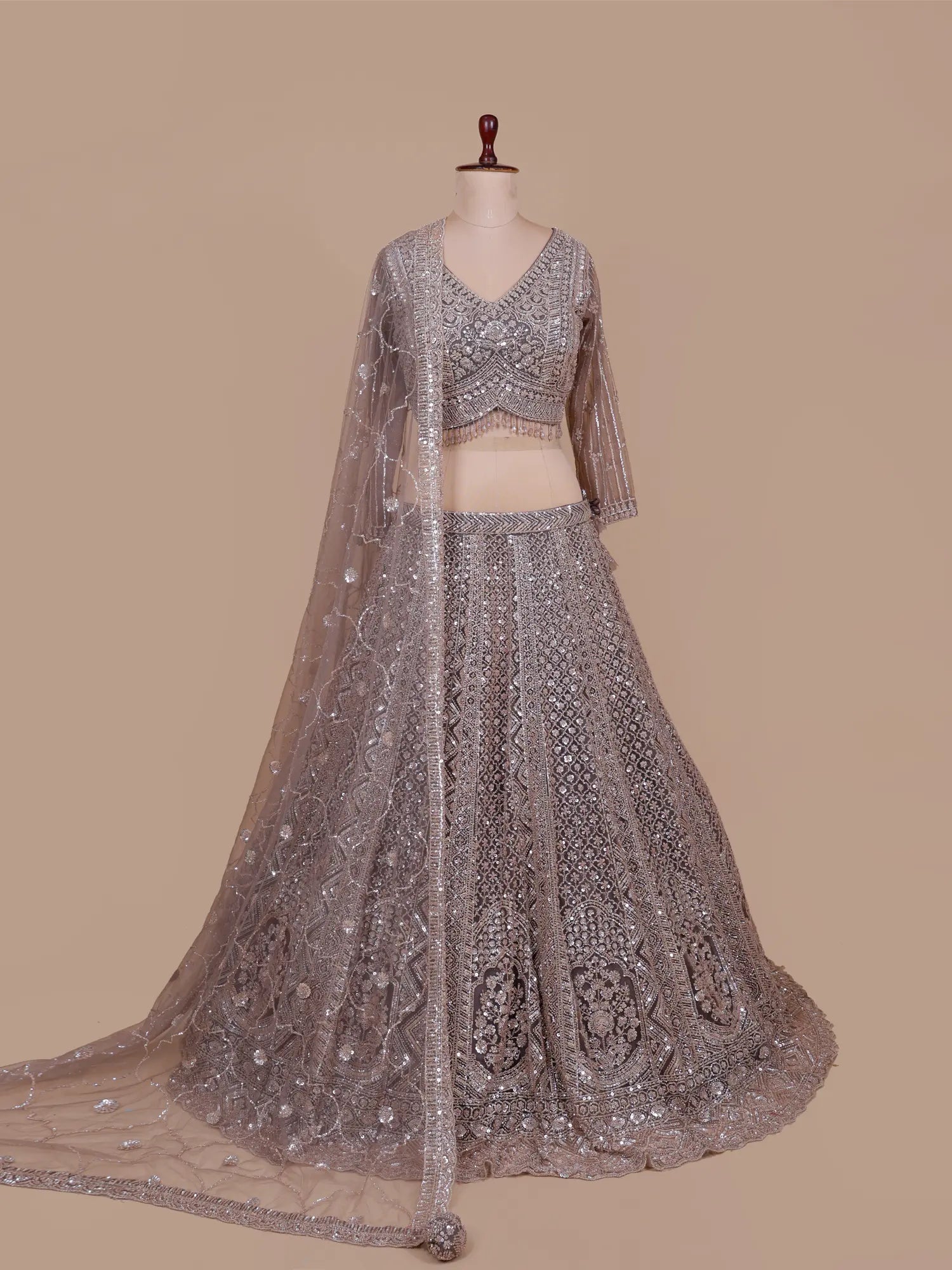 Metallic Taupe Elegant Designer Lehenga With Premium Finish
