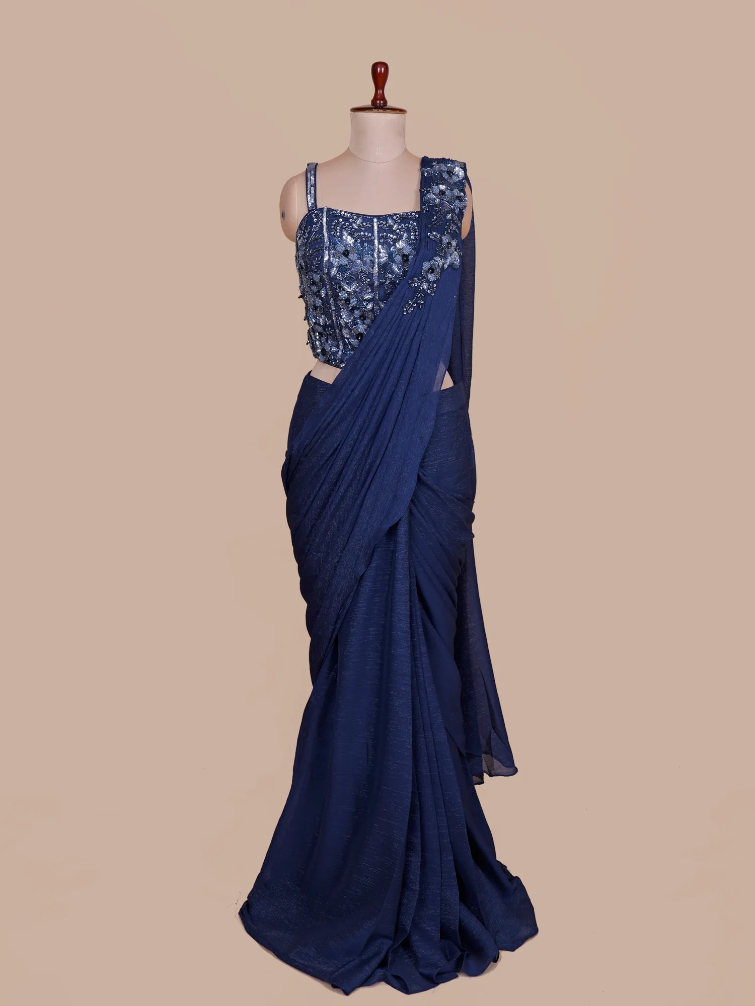Explore Navy Blue Imported Pre-Stitched Saree With Exquisite Cut Dana Stonework