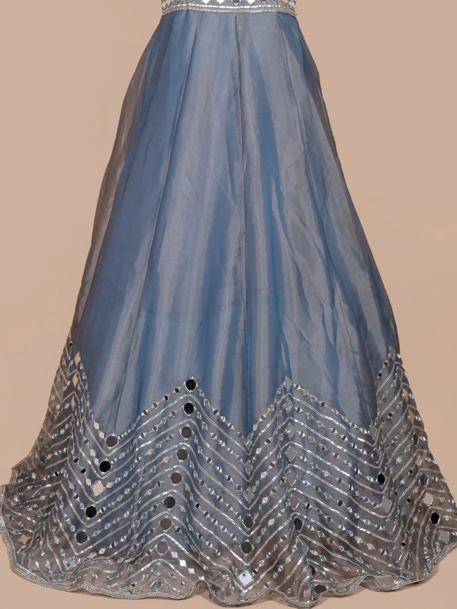 Mint Blue Designer Anarkali Gown With Statement Mirror Gota Work