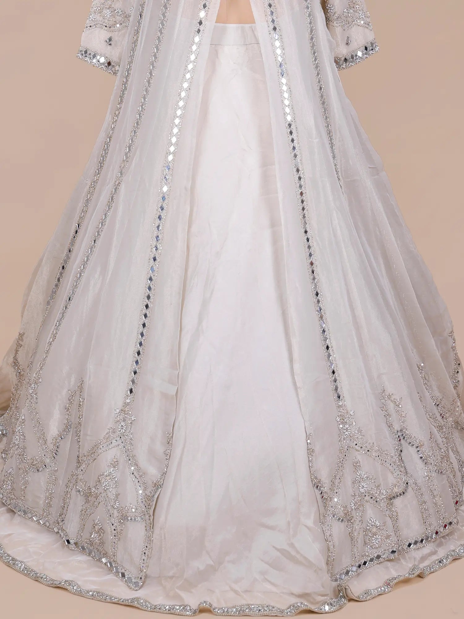 Trending Off White Shimmer Indo Western Lehenga With Resham Work