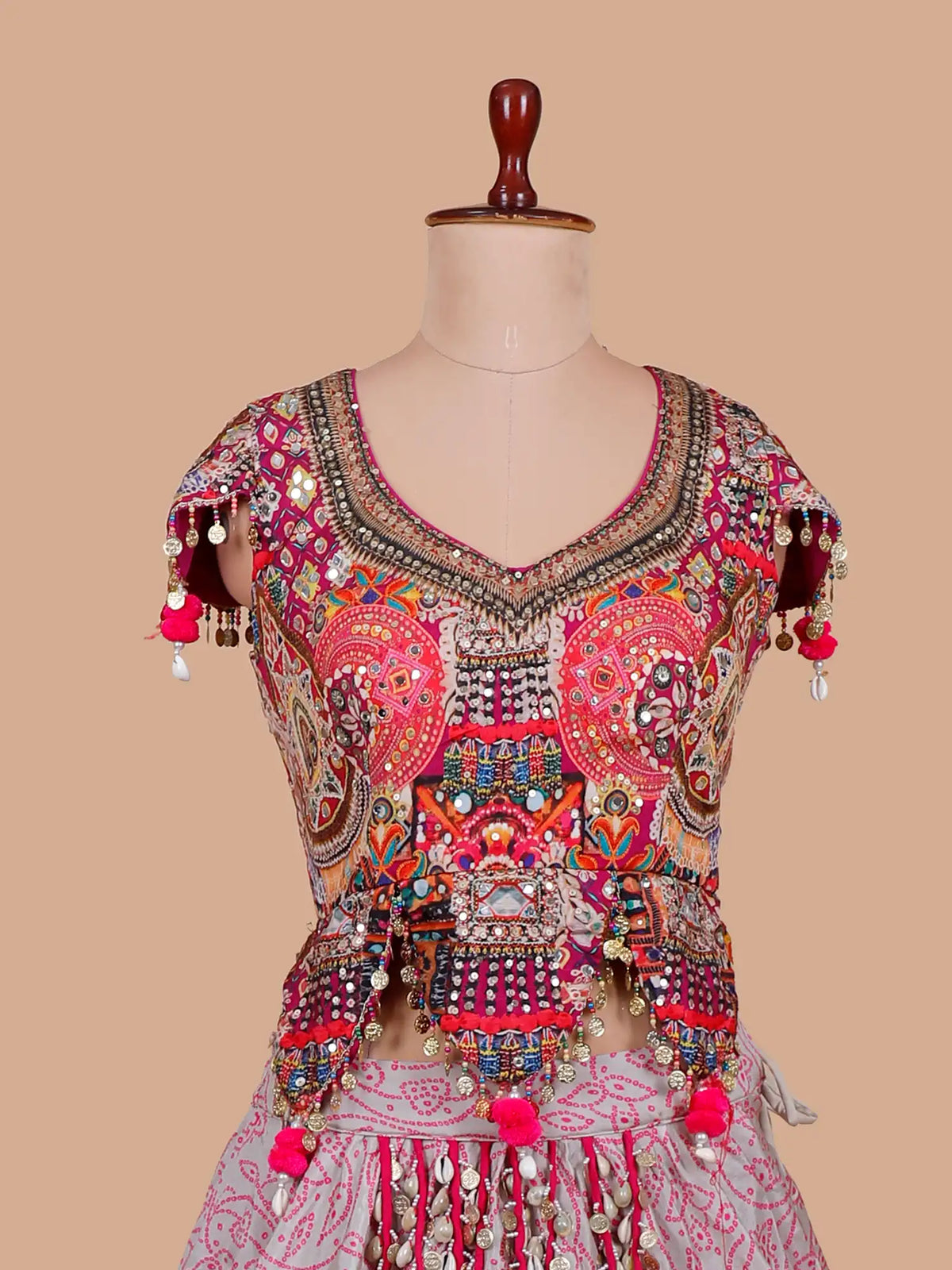 Exotic Multicolor Silk Lehenga with Mirror Work and Unique Tassels