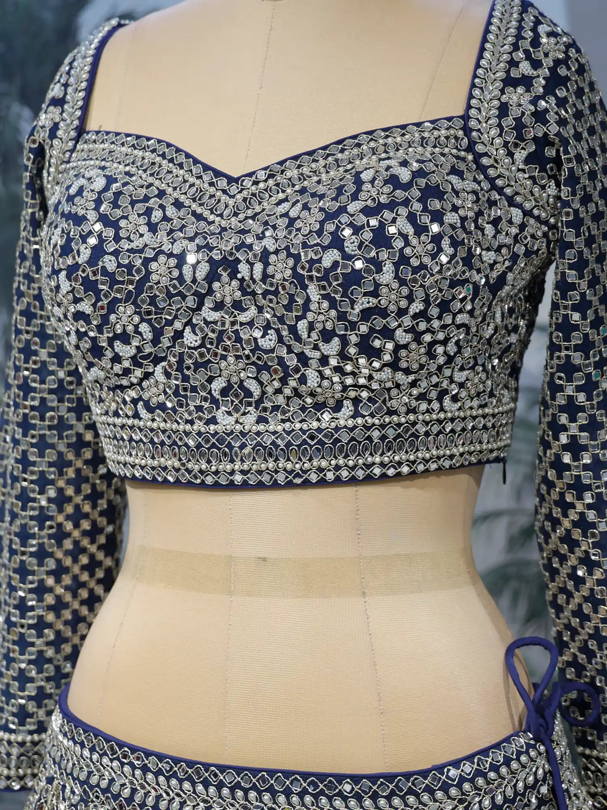 Navy Blue Designer Net Lehenga Choli Featuring Paisley Mirror Embroidery