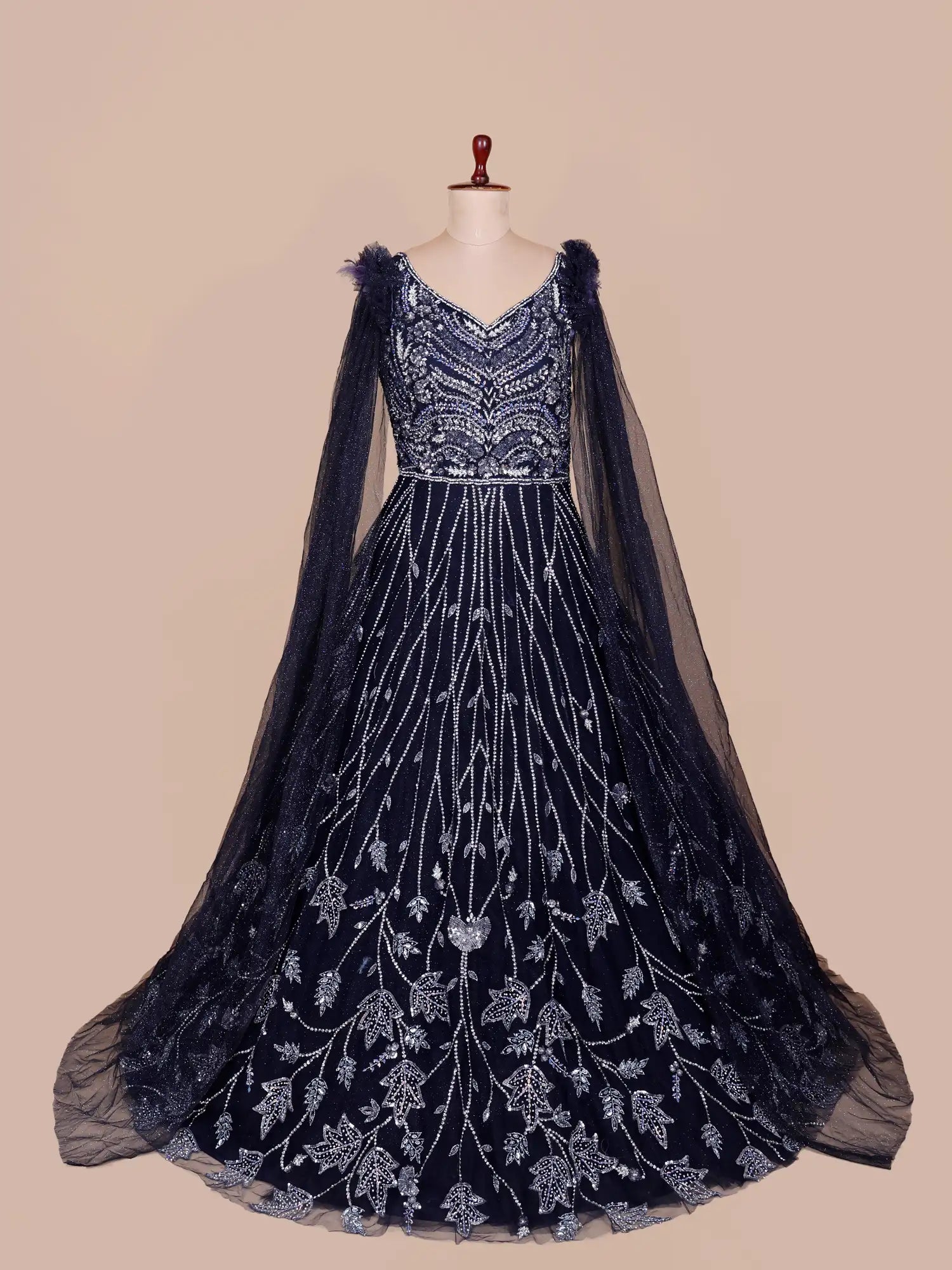Buy Premium Navy Blue Net Long Gown With Signature Sequin Pearl Work