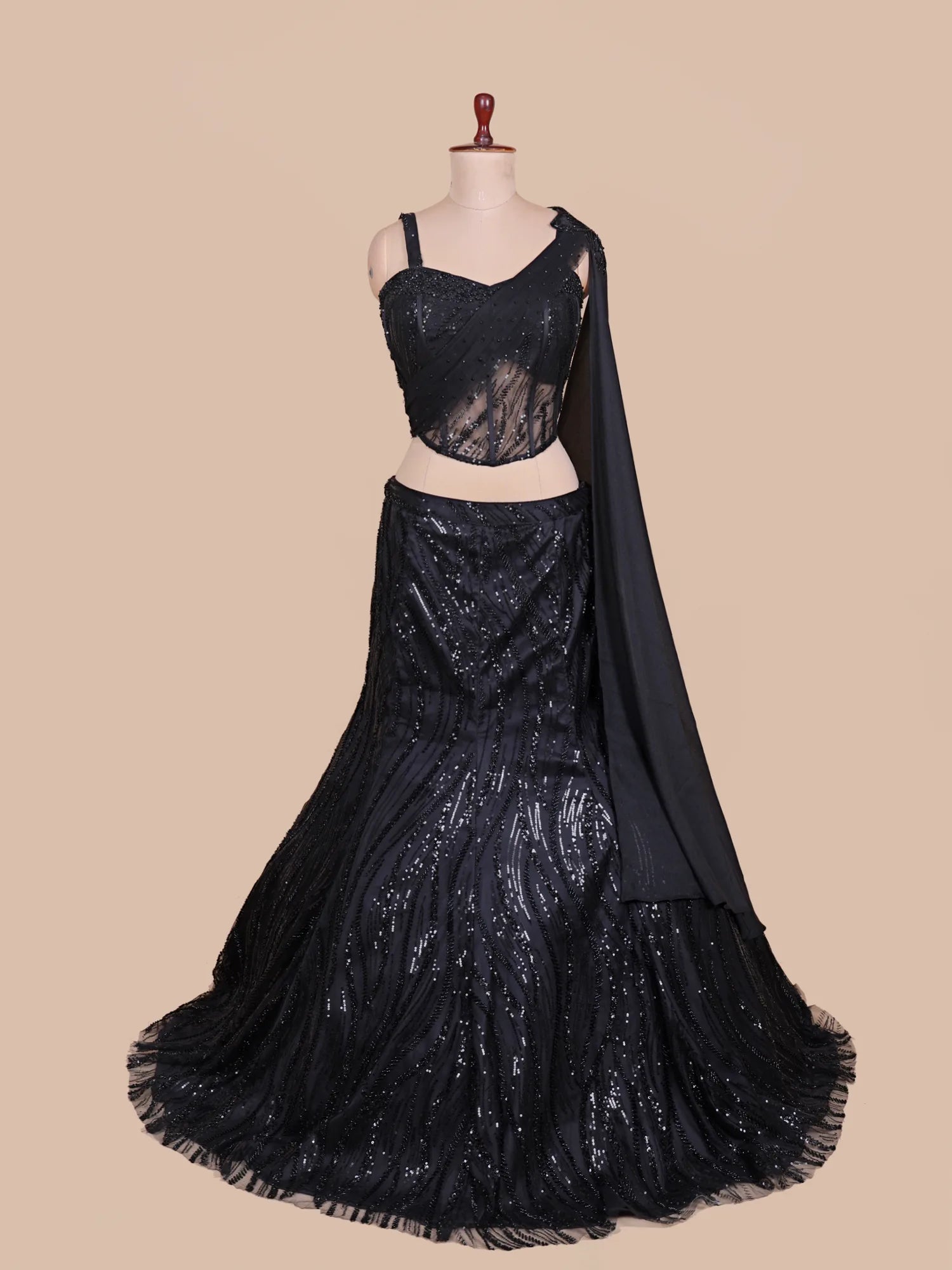 Black Designer Net Fishcut Lehenga With Bead And Sequin Detailing