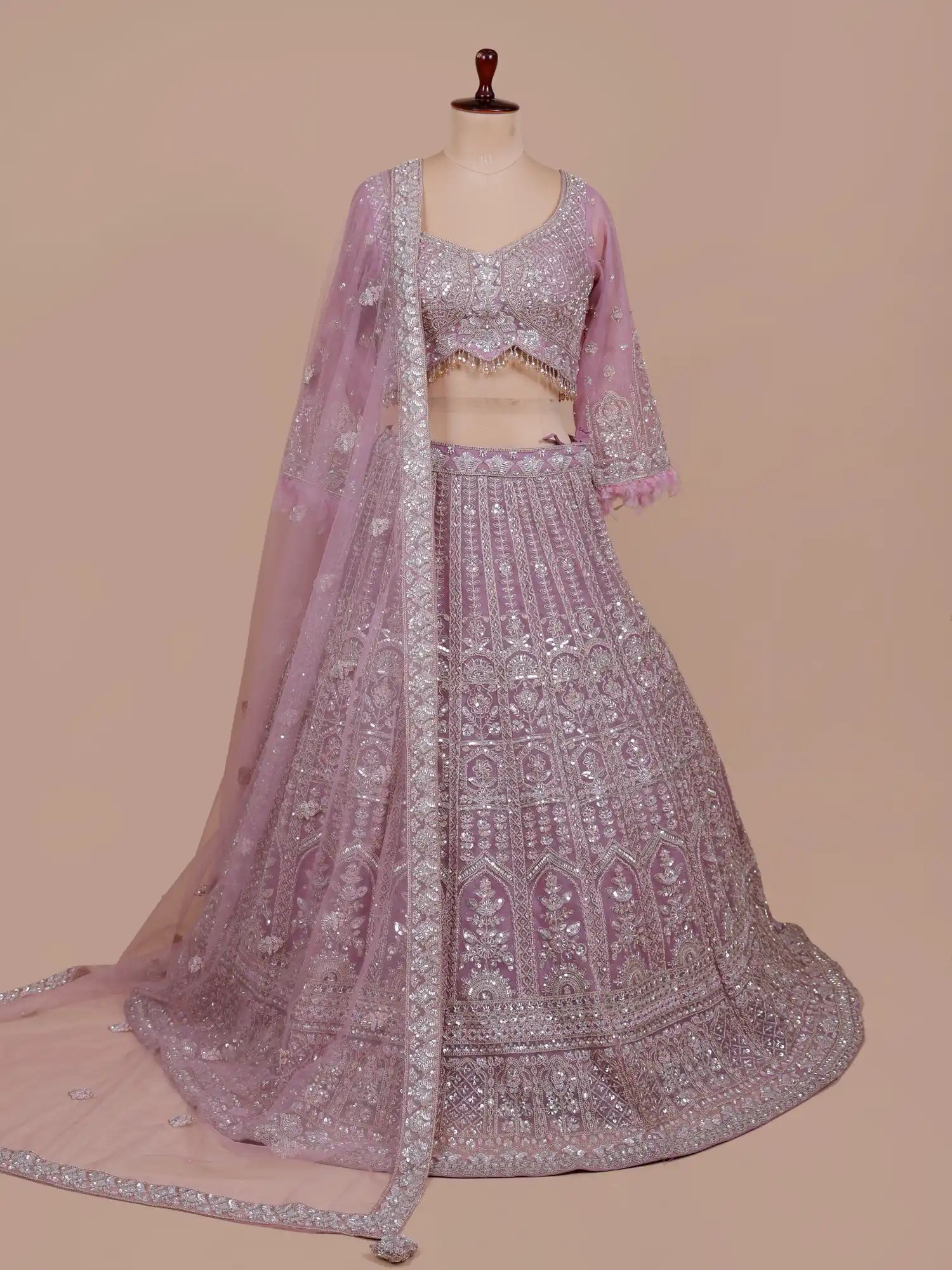 Trendy Onion Pink Lehenga Choli With Sequins And Feather Work