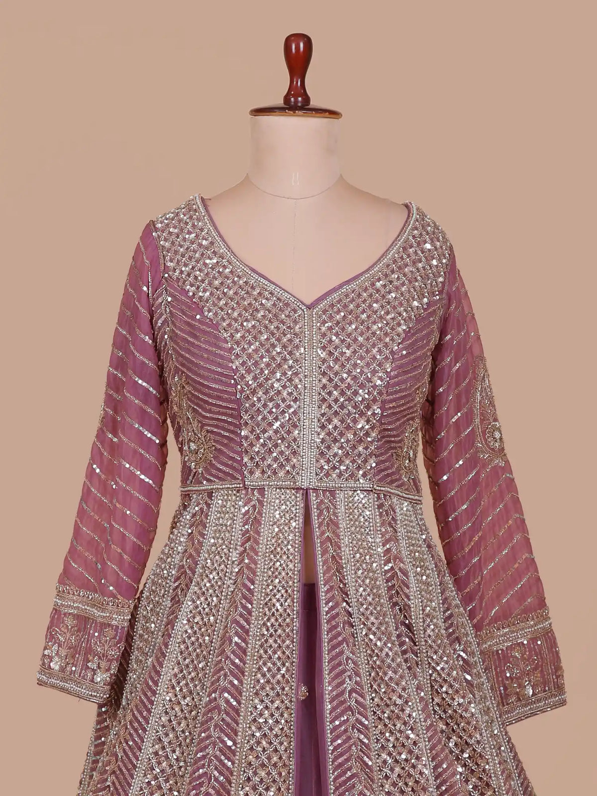 Designer Onion Pink Front Cut Indo Western Lehenga with Pearl Bead Detailing