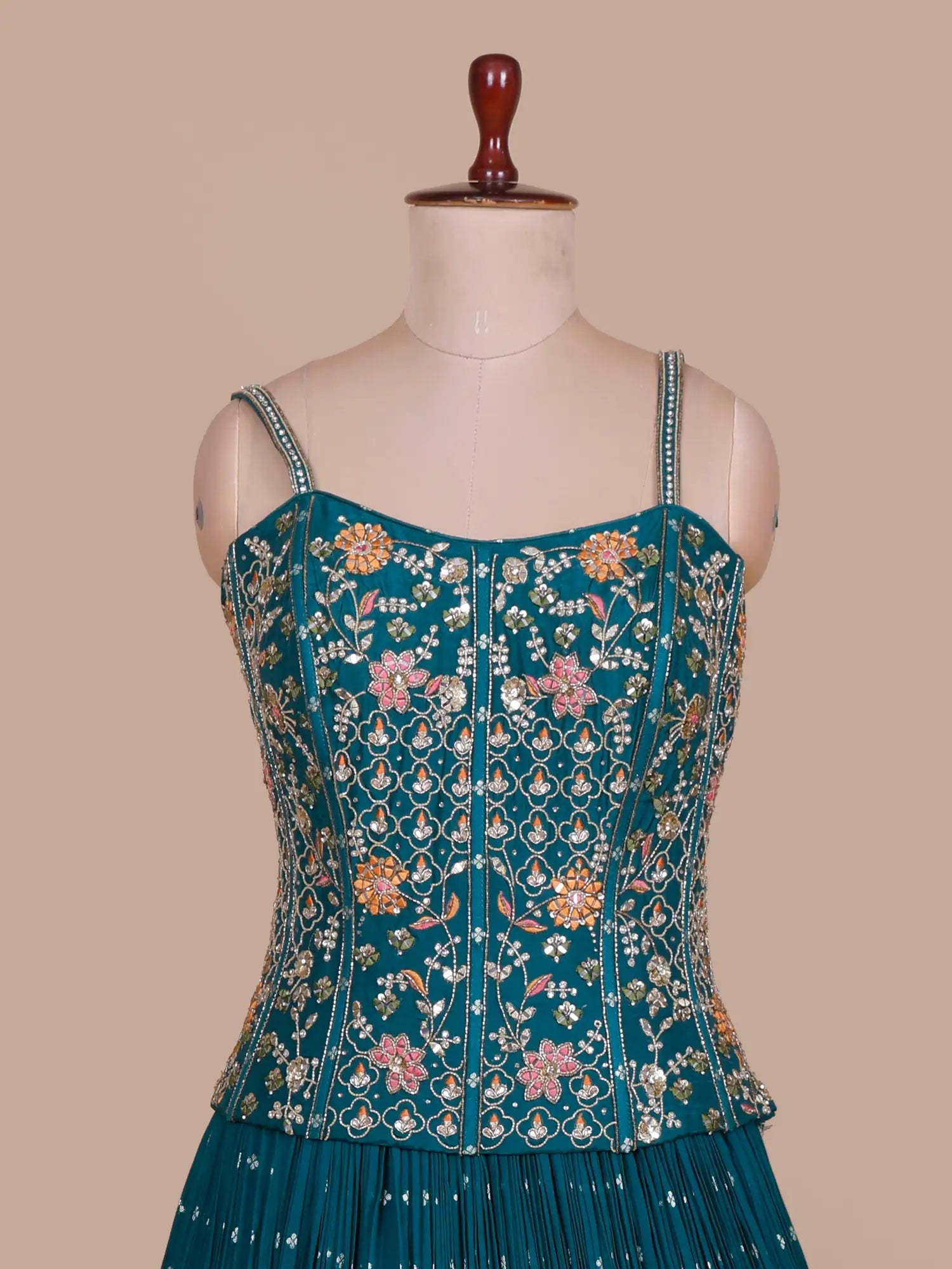 Peacock Green Georgette Peplum Lehenga Ensemble With Multi-Thread Mirror Craft