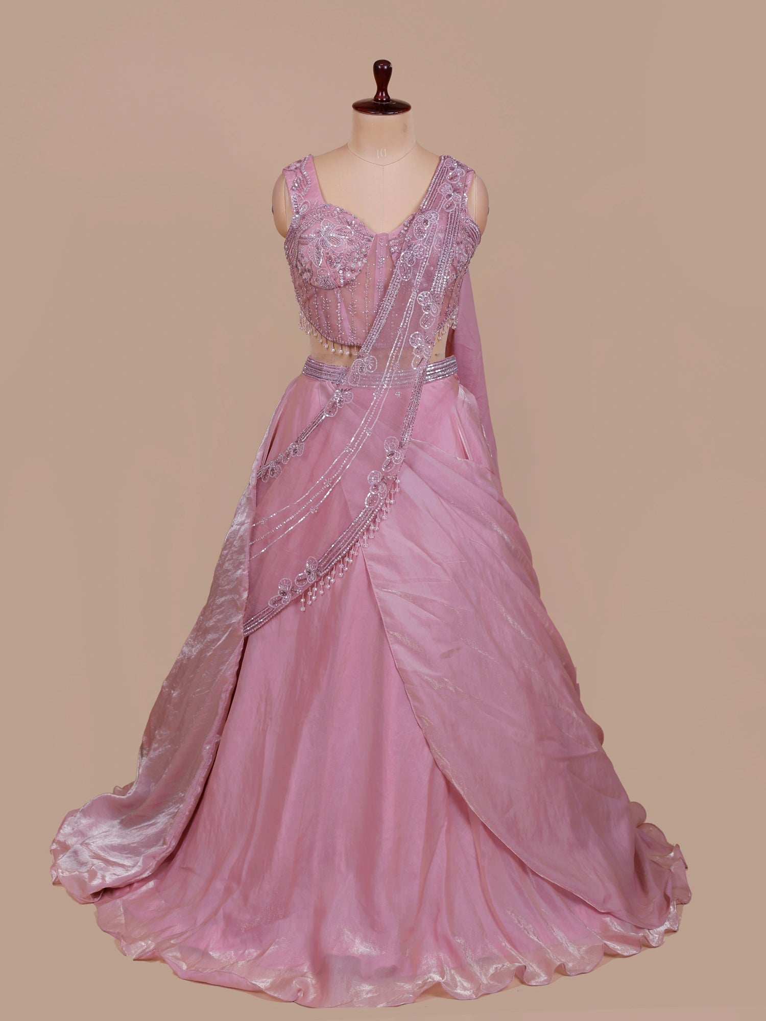 Iconic Pink jimmy choo Drape Lehenga With Designer Finish