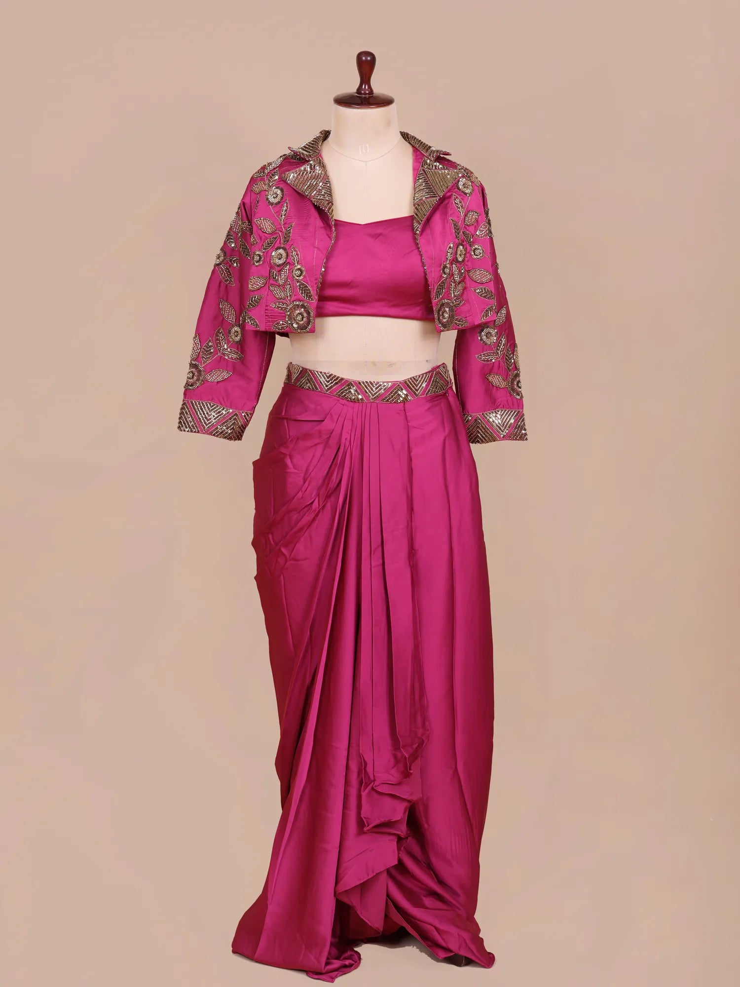 Buy Designer Pink Indo Western Pre-Draped Saree With Premium Embroidery Work Online