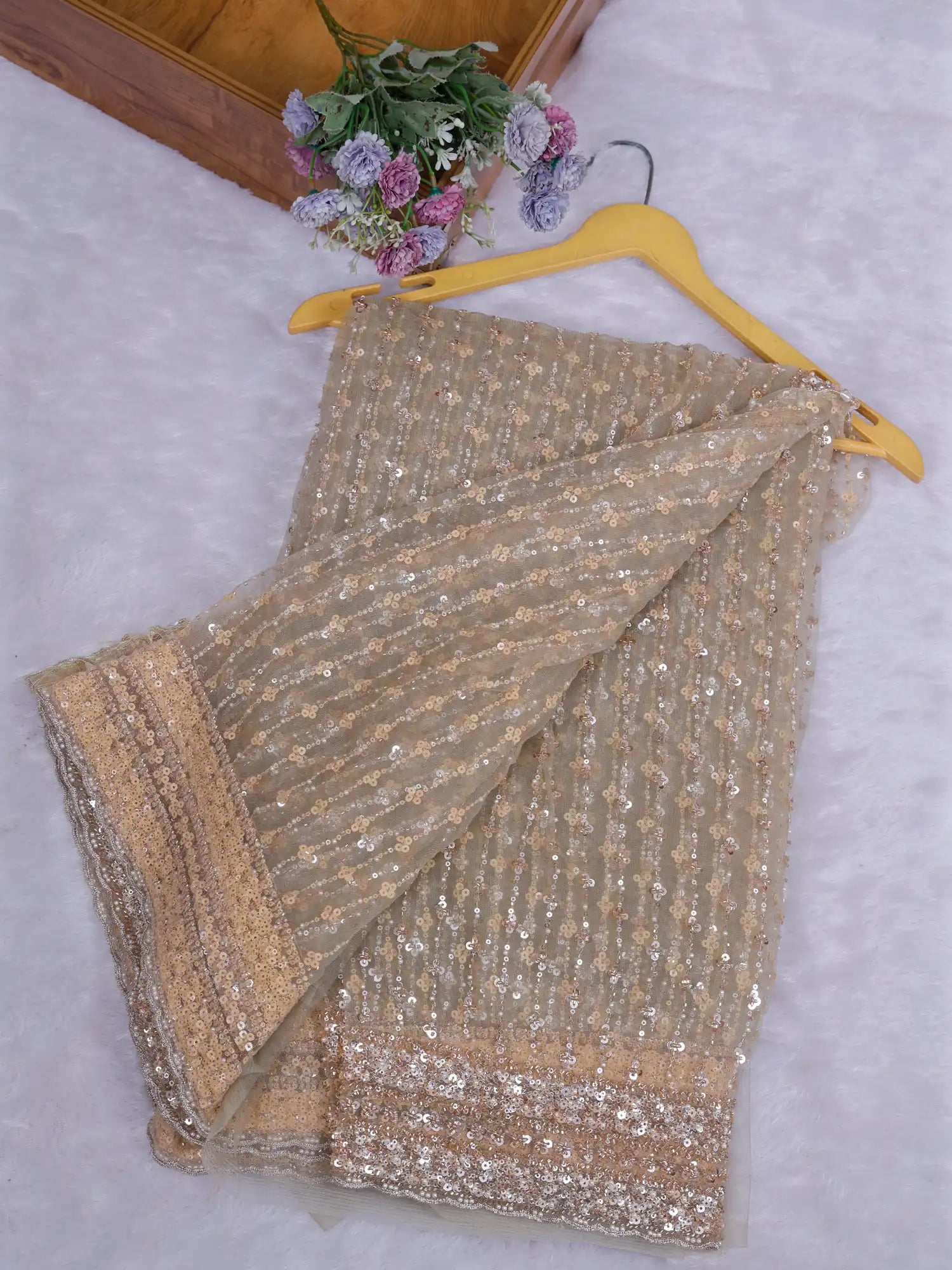 Affordable Modern Pista Net Saree With Designer Embroidery