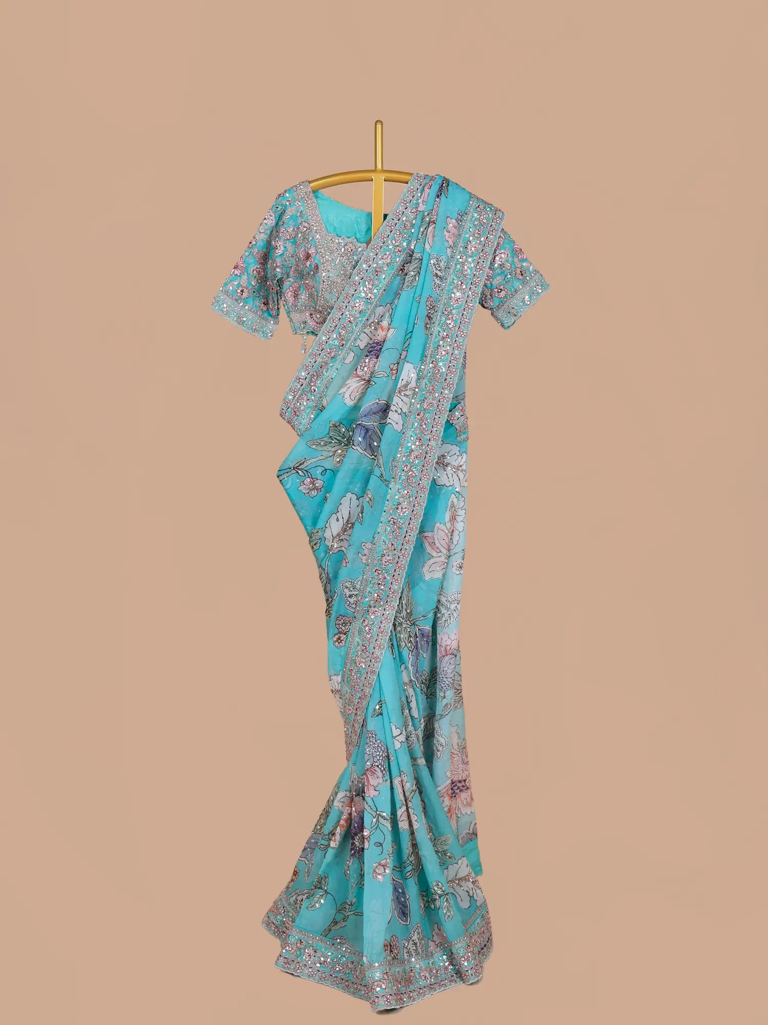 Sky Blue Printed Silk Saree Showcasing Multi-Thread Embroidery