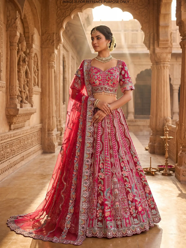 Premium Rani Maroon Silk Bridal Lehenga Inspired By Heritage Mirror Art