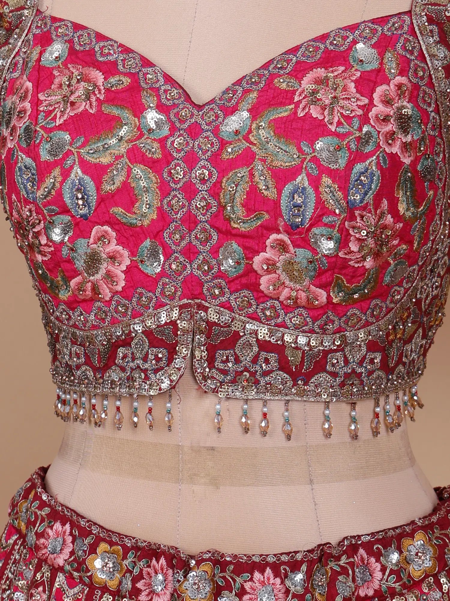 Premium Rani Maroon Silk Bridal Lehenga Inspired By Heritage Mirror Art