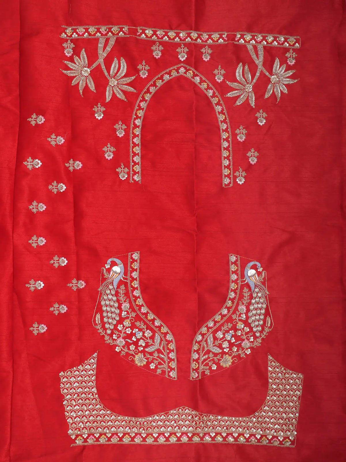Grand Red Silk Bridal Lehenga with Floral Paisley and Peacock Embroidery