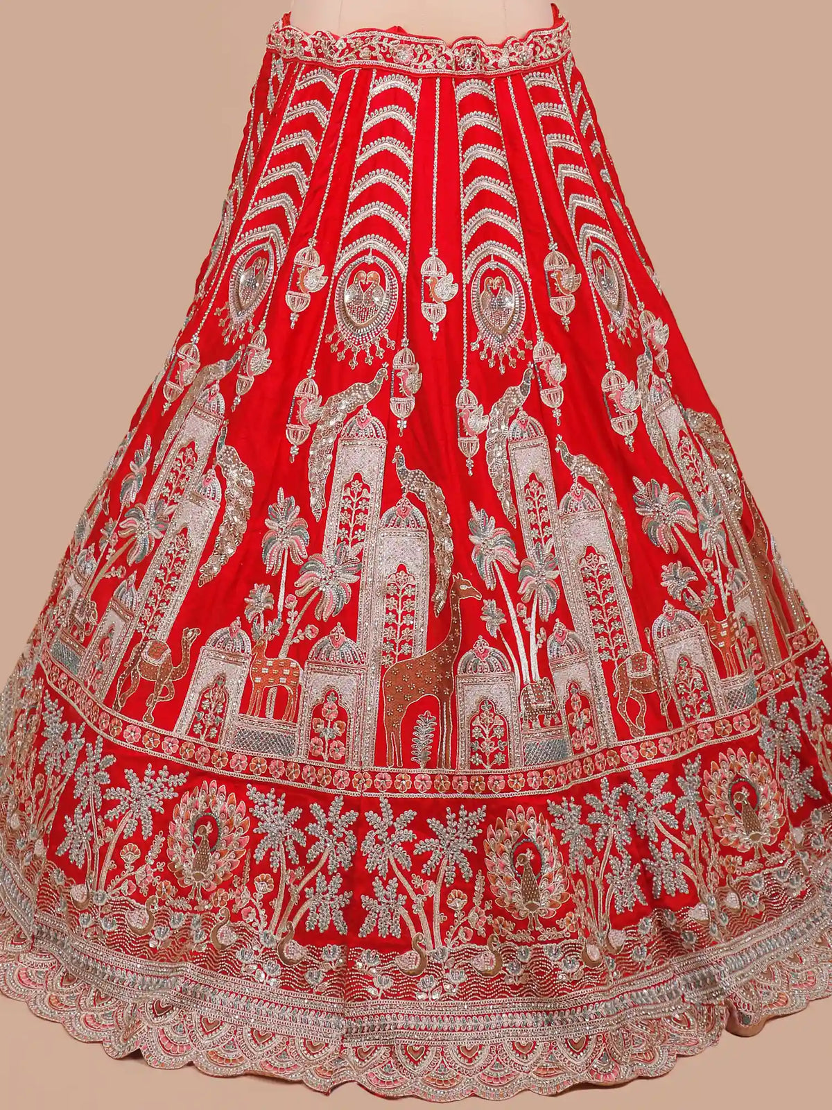 Classic Red Silk Wedding Lehenga Showcasing Royal Animal Scenes  and Palace Embroidery