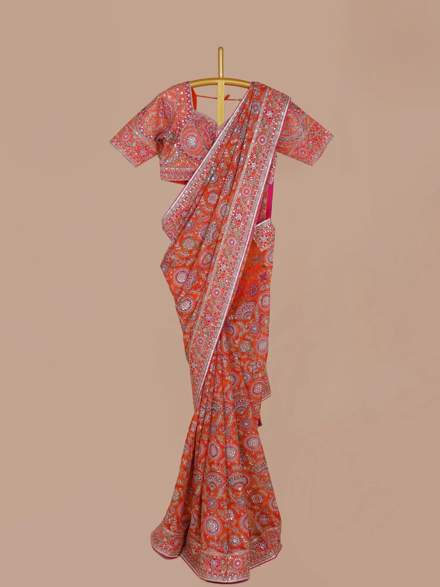 Shop Rust Orange Artisan Designer Crepe Silk Saree Online