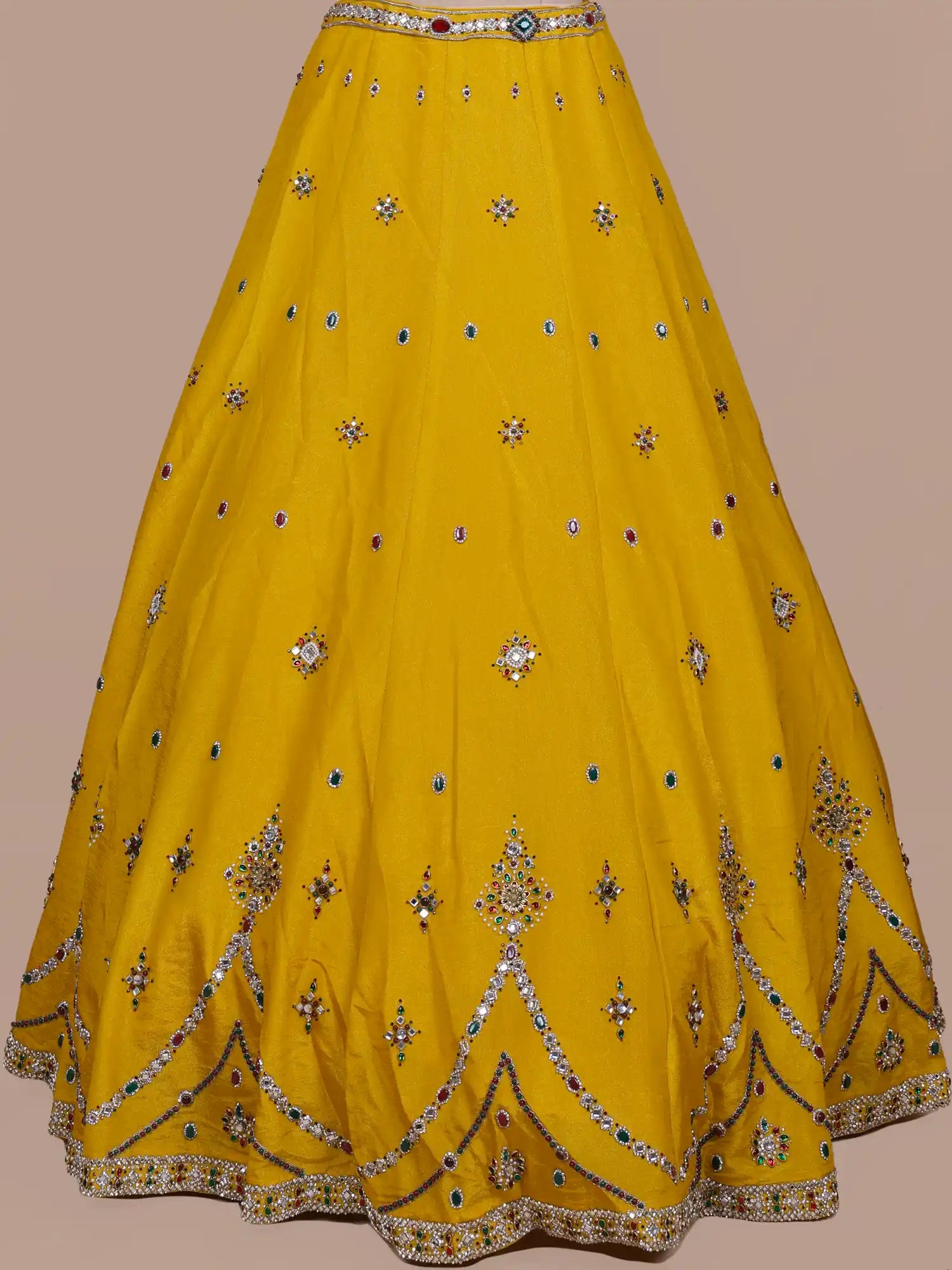 Buy Yellow Designer Haldi Lehenga Choli In Shimmer Silk With Crystal Brooch Glam
