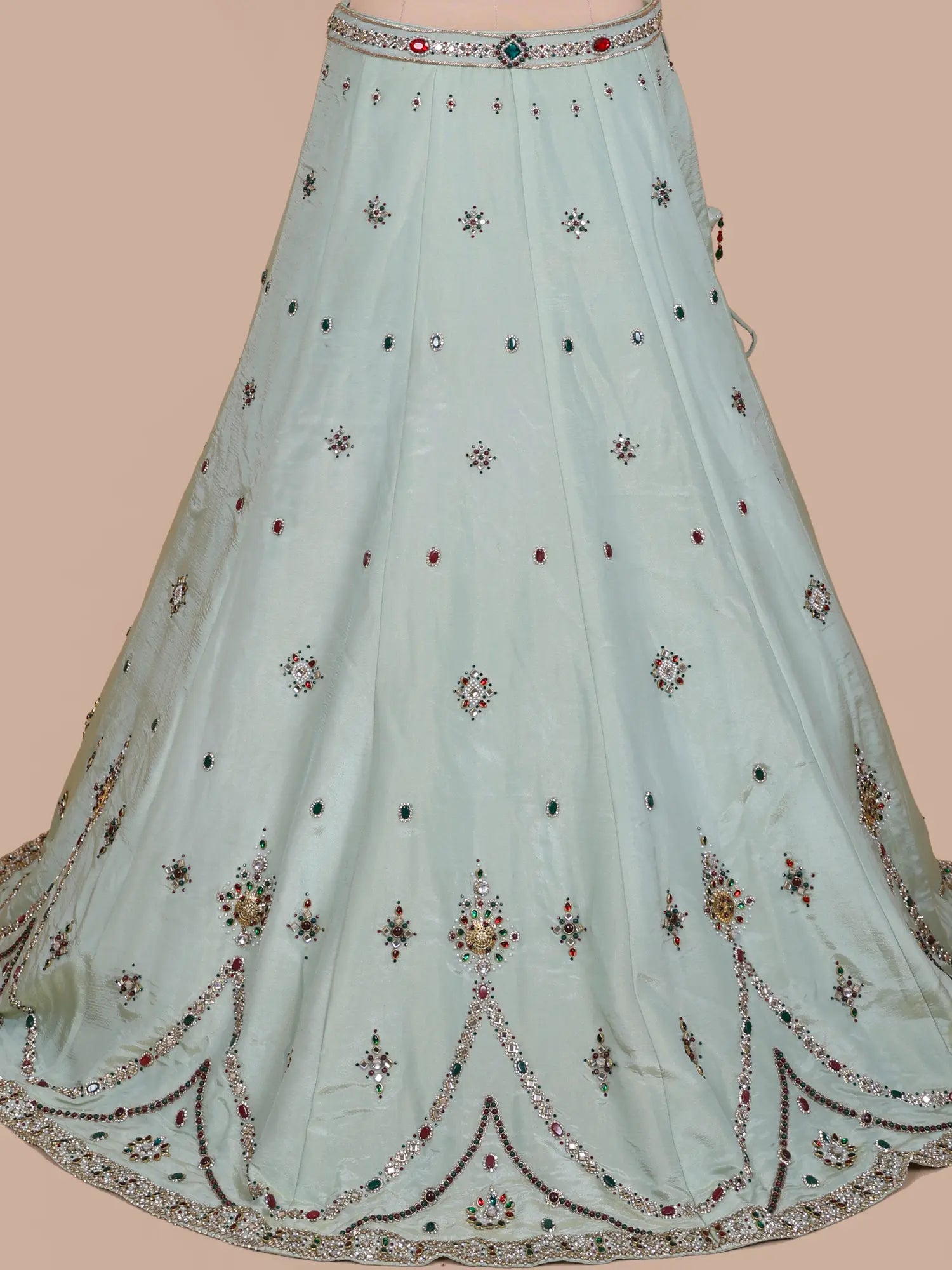Shop Pista Green Shimmer Silk Lehenga Online With Crystal Brooch Detailing