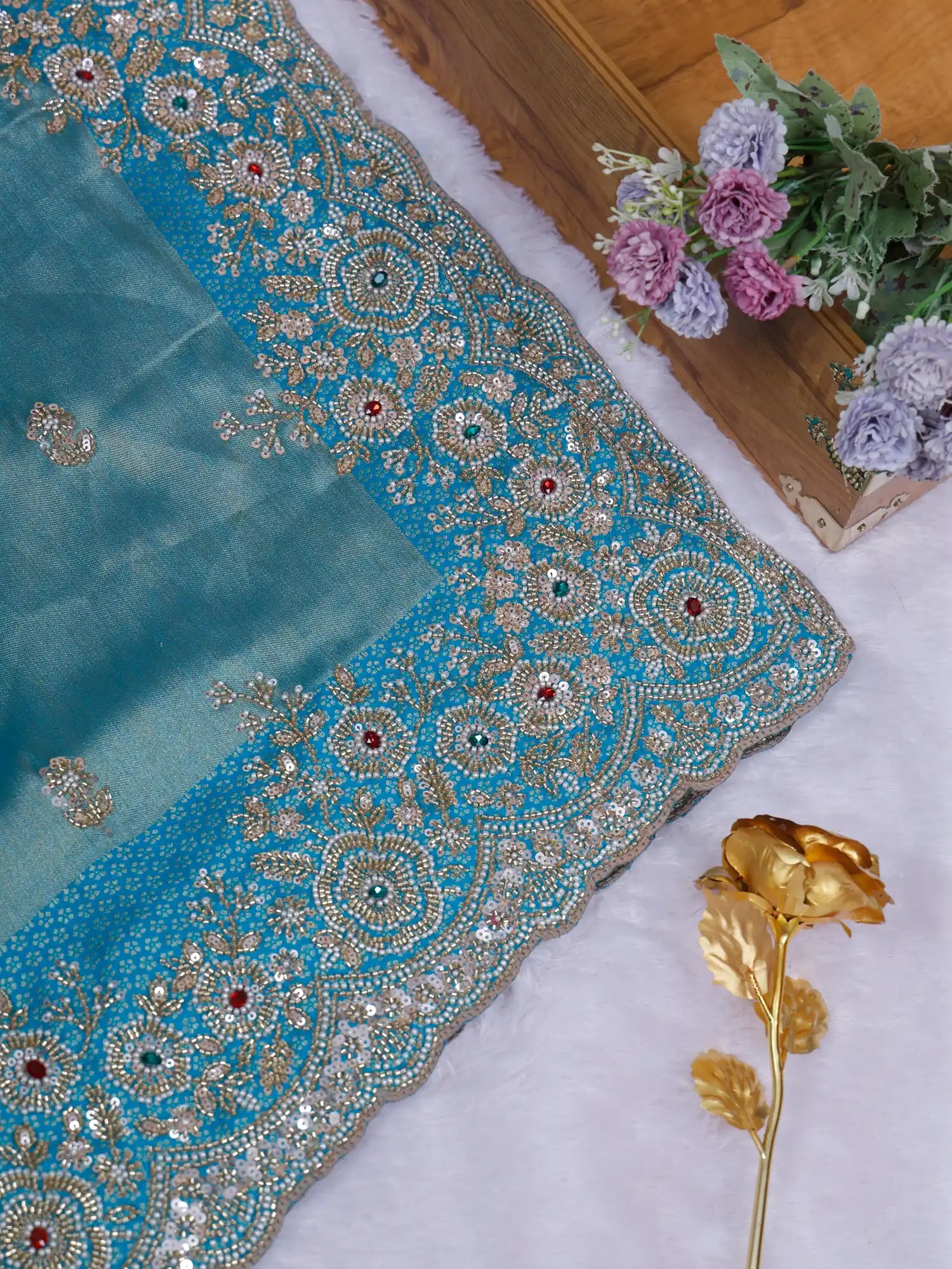 Timeless Sky Blue Silk Saree With Signature Hand Embroidery