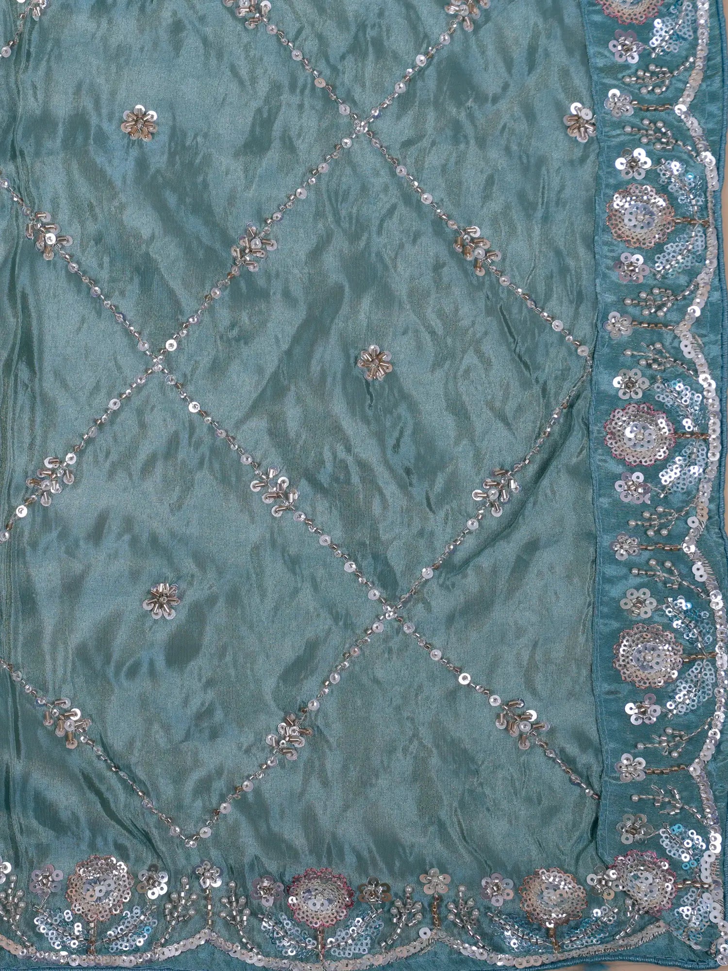 Premium Traditional Sky Blue Shimmer Peplum Lehenga With Pearl Work