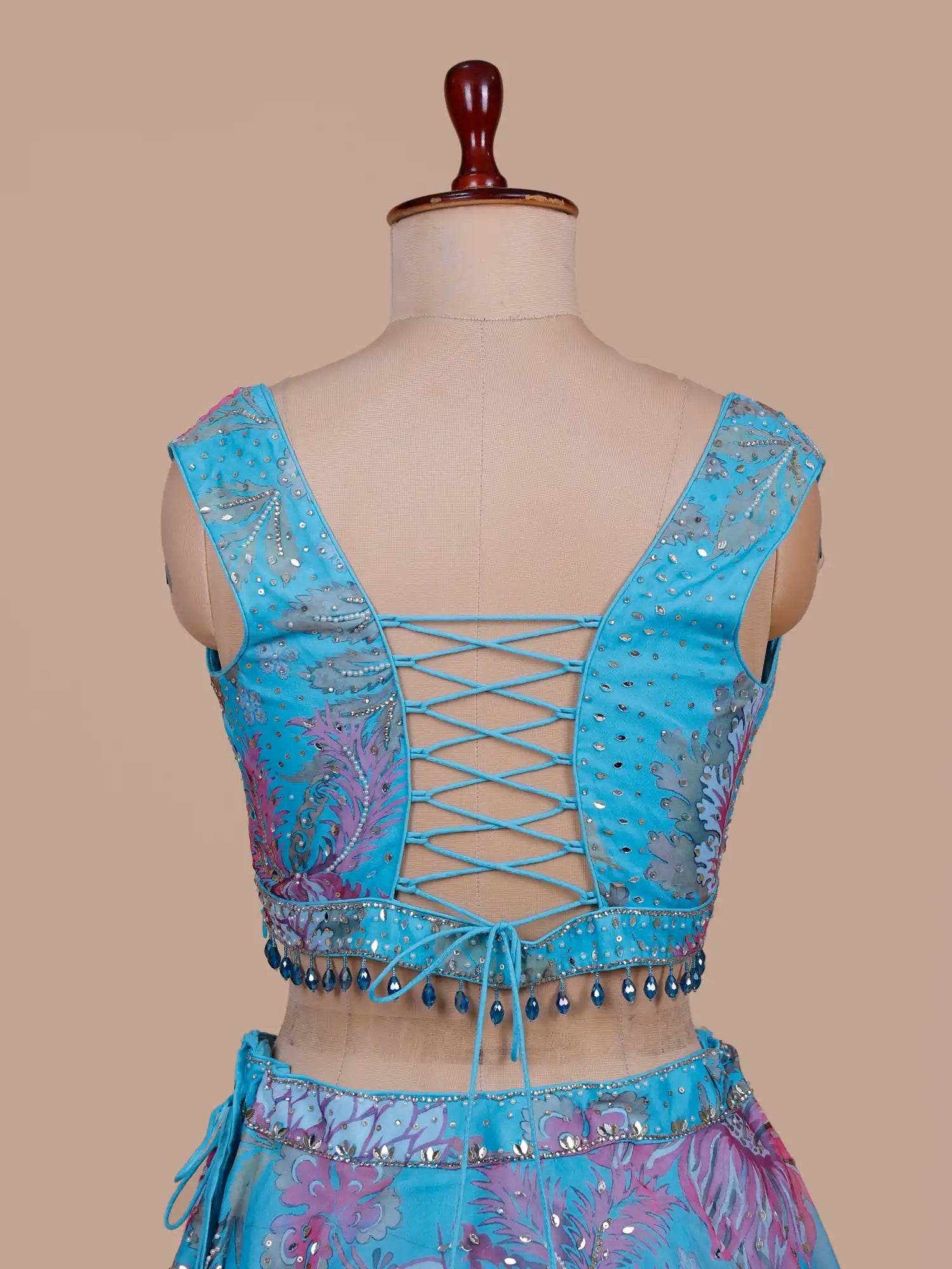 Get Sky Blue Couture Lehenga Enriched With Mirror Pearl Work