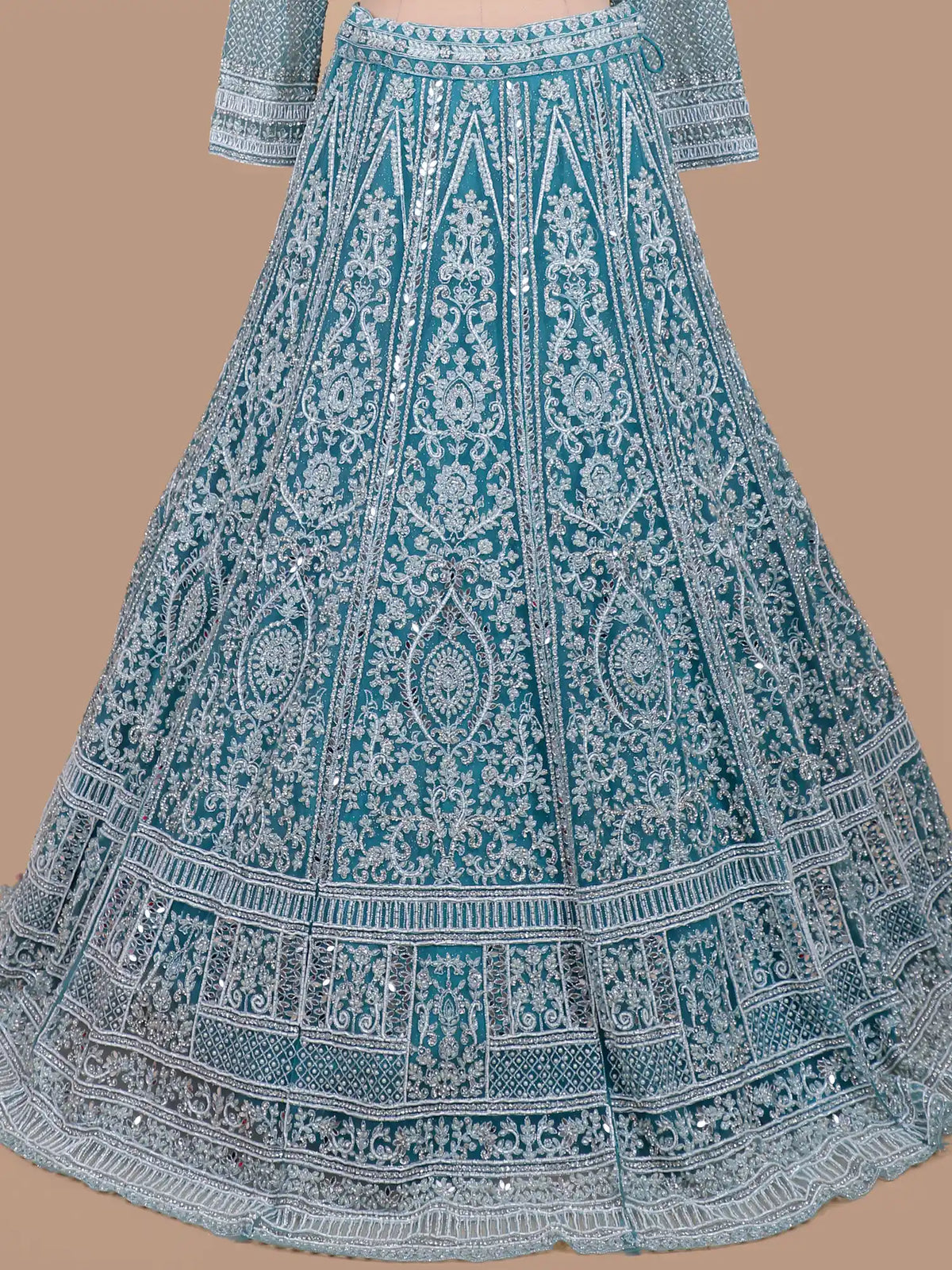 Elegant Teal Designer Lehenga Featuring Pearl Mirror Embellishments