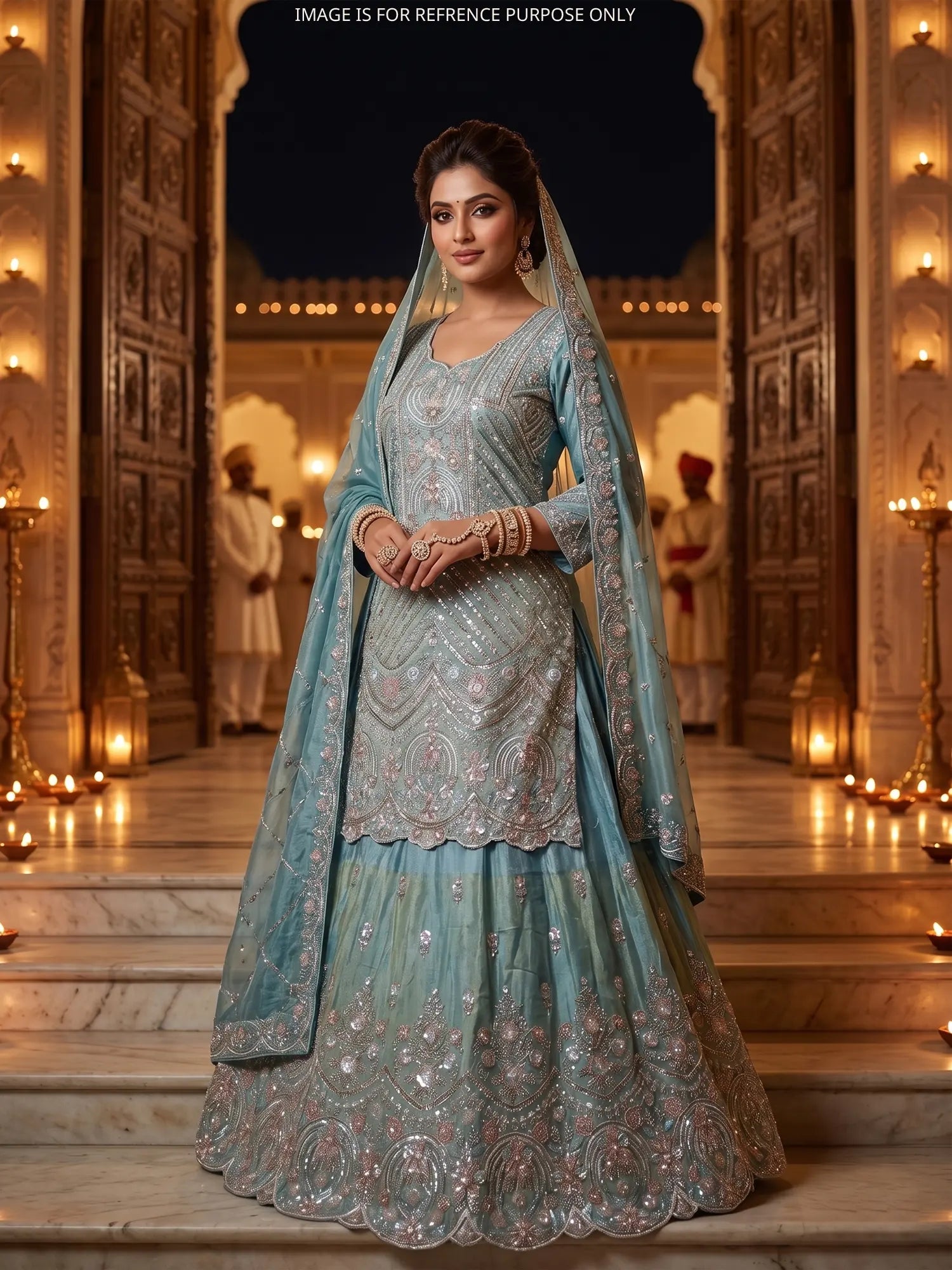 Premium Traditional Sky Blue Shimmer Peplum Lehenga With Pearl Work