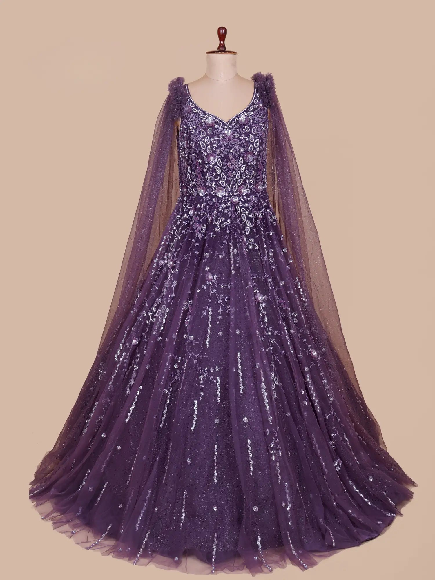 Purple Long Designer Gown Highlighting Pearl Diamond Work