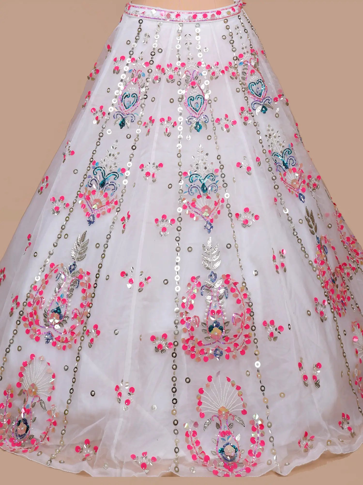 Shop White Party Wear Net Lehenga With Multi Sequins Design