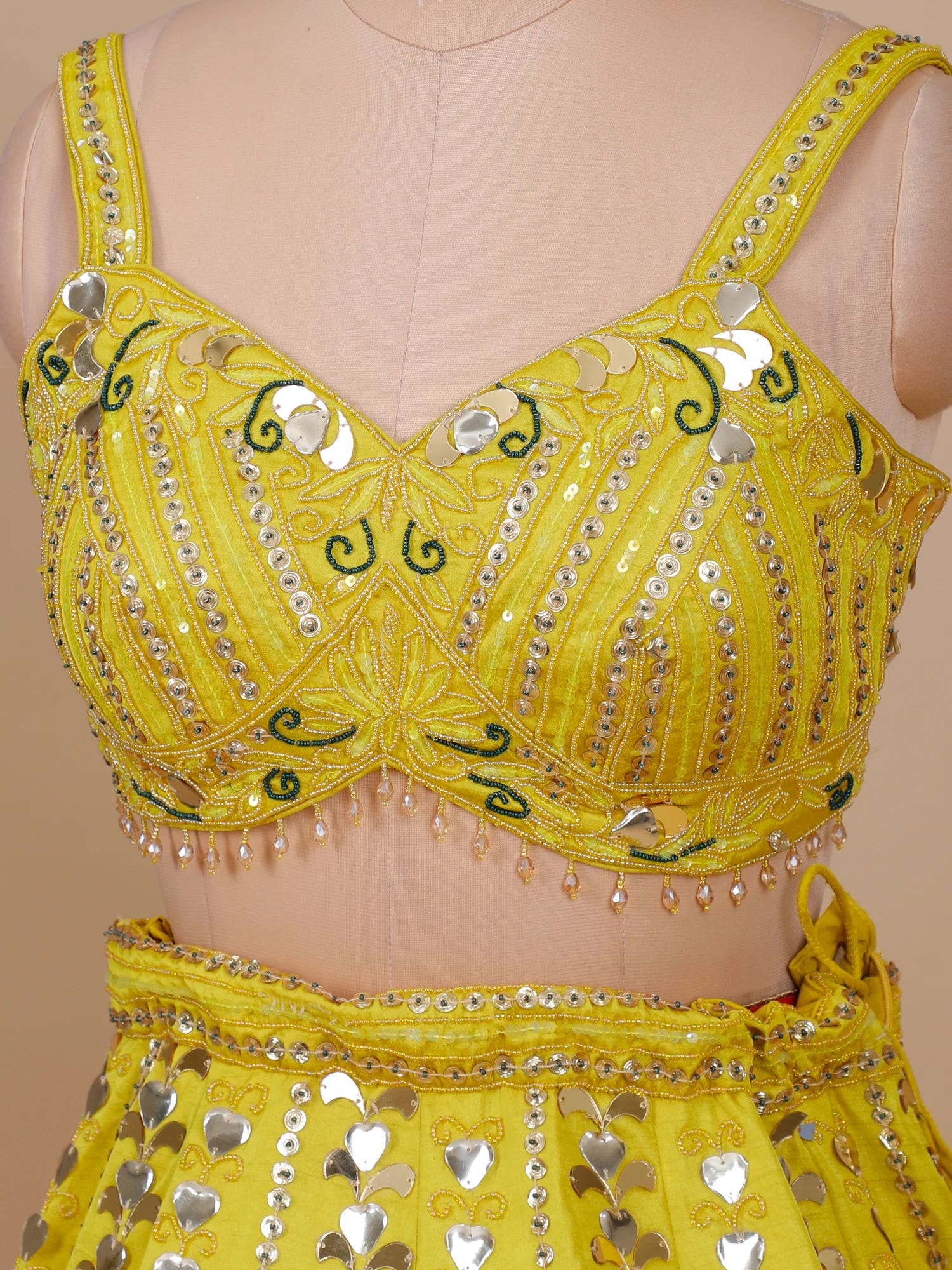Bridal Haldi Yellow Silk Lehenga with Beads Work