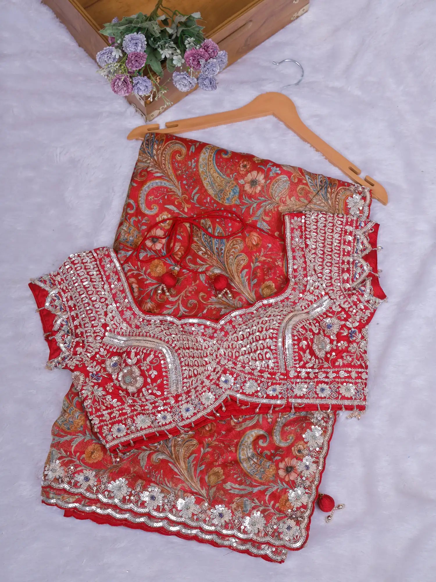 Prestige Red Printed Crepe Saree With Signature Handcrafted Work