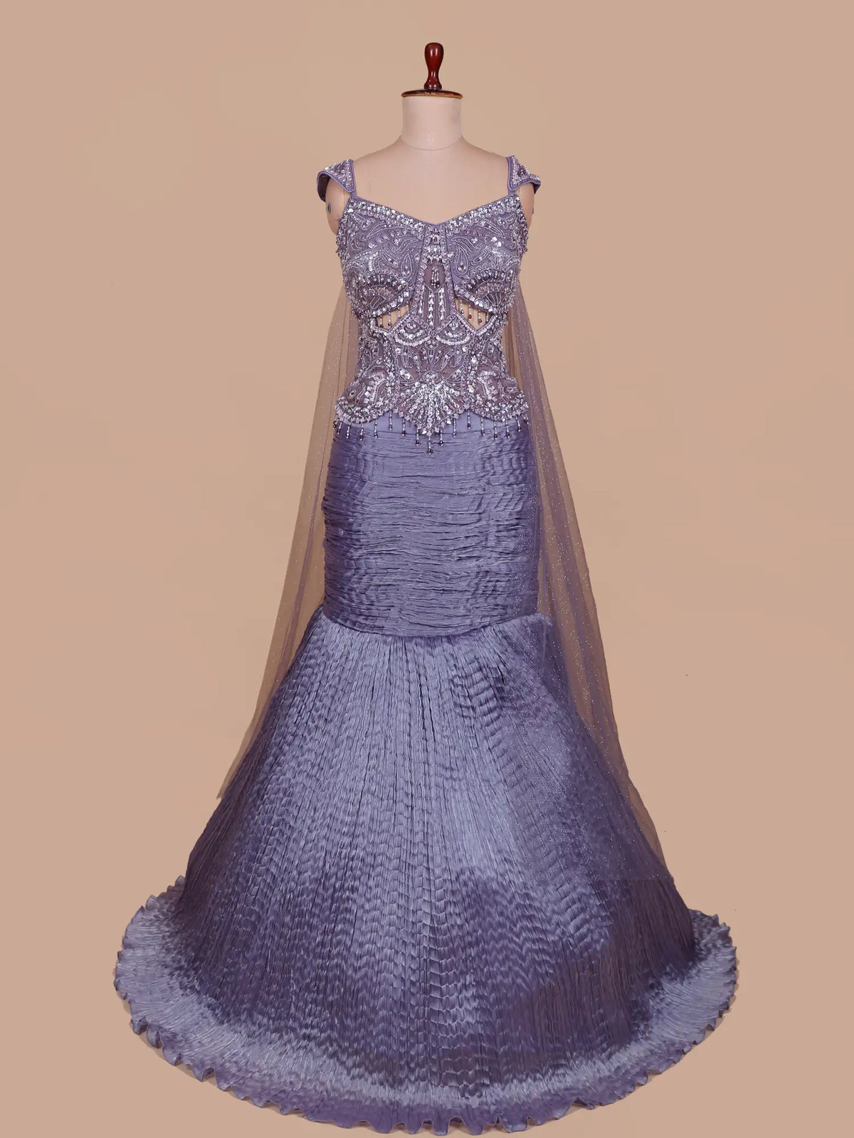 Buy Modern Purple Organza Fishcut Lehenga Featuring Pearl Moti Work